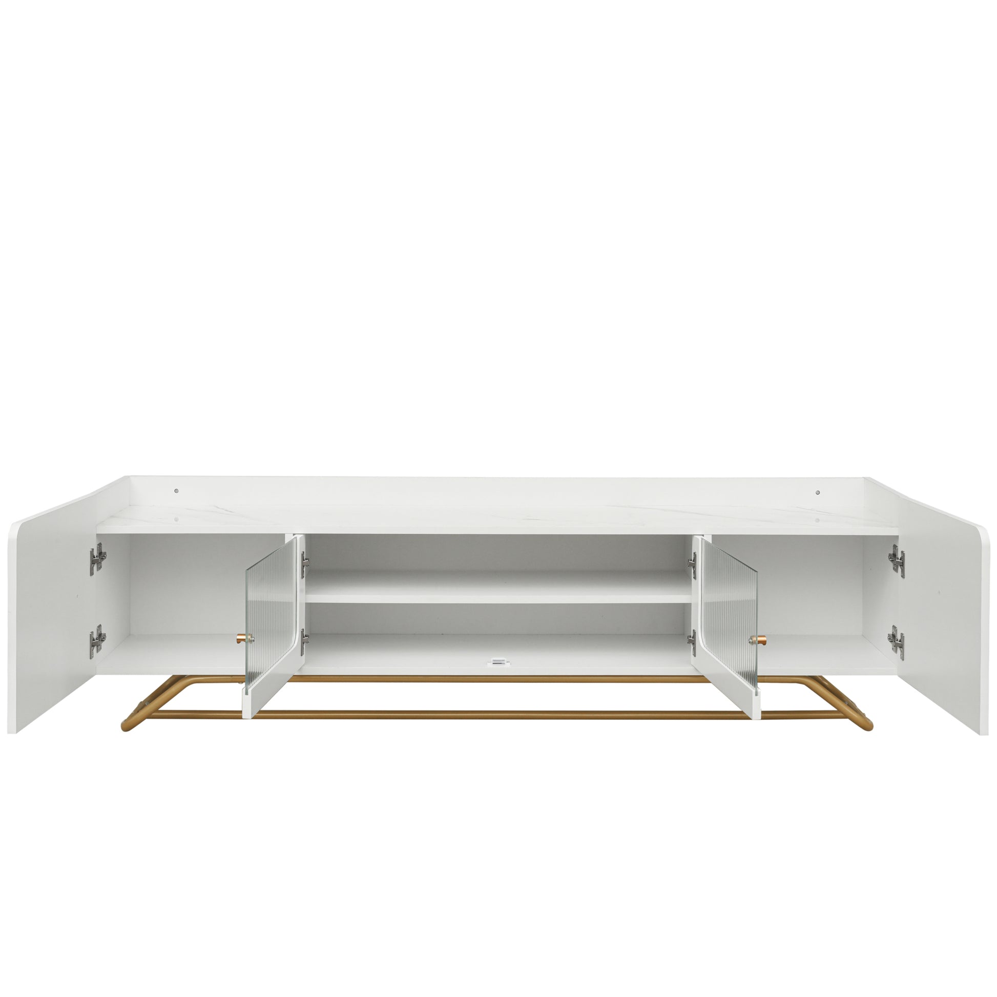 Sleek Design Tv Stand With Fluted Glass, Contemporary Entertainment Center For Tvs Up To 70", Faux Marble Top Tv Console Table With Gold Frame Base, White White Primary Living Space 70 79 Inches 70 79 Inches Modern 70 Inches Particle Board