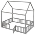 Full Size Wood House Bed With Fence And Door, Gray Wash Gray Pine
