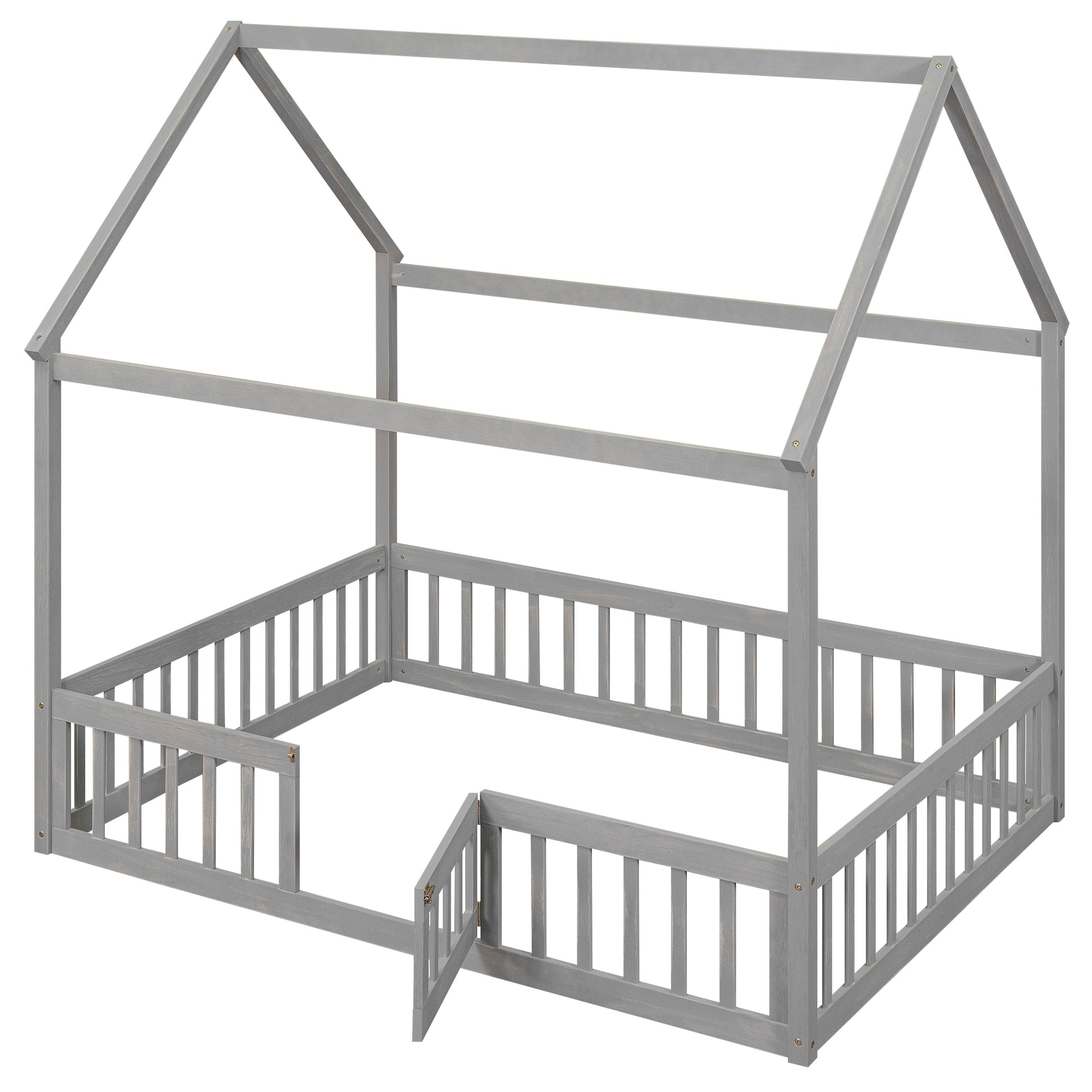 Full Size Wood House Bed With Fence And Door, Gray Wash Gray Pine
