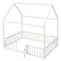 Full Size Wood House Bed With Fence And Door, White Wash White Pine