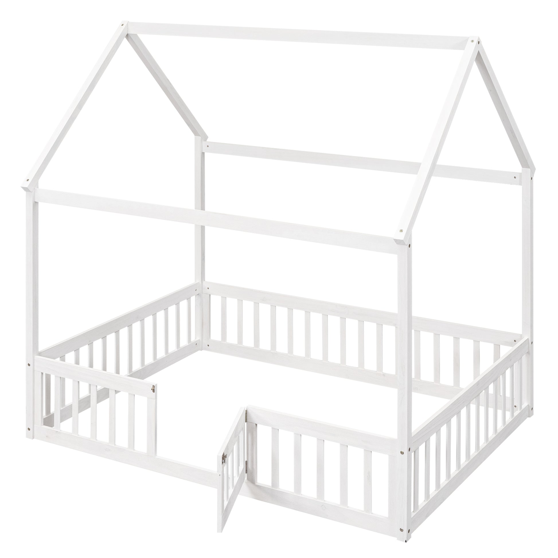 Full Size Wood House Bed With Fence And Door, White Wash White Pine