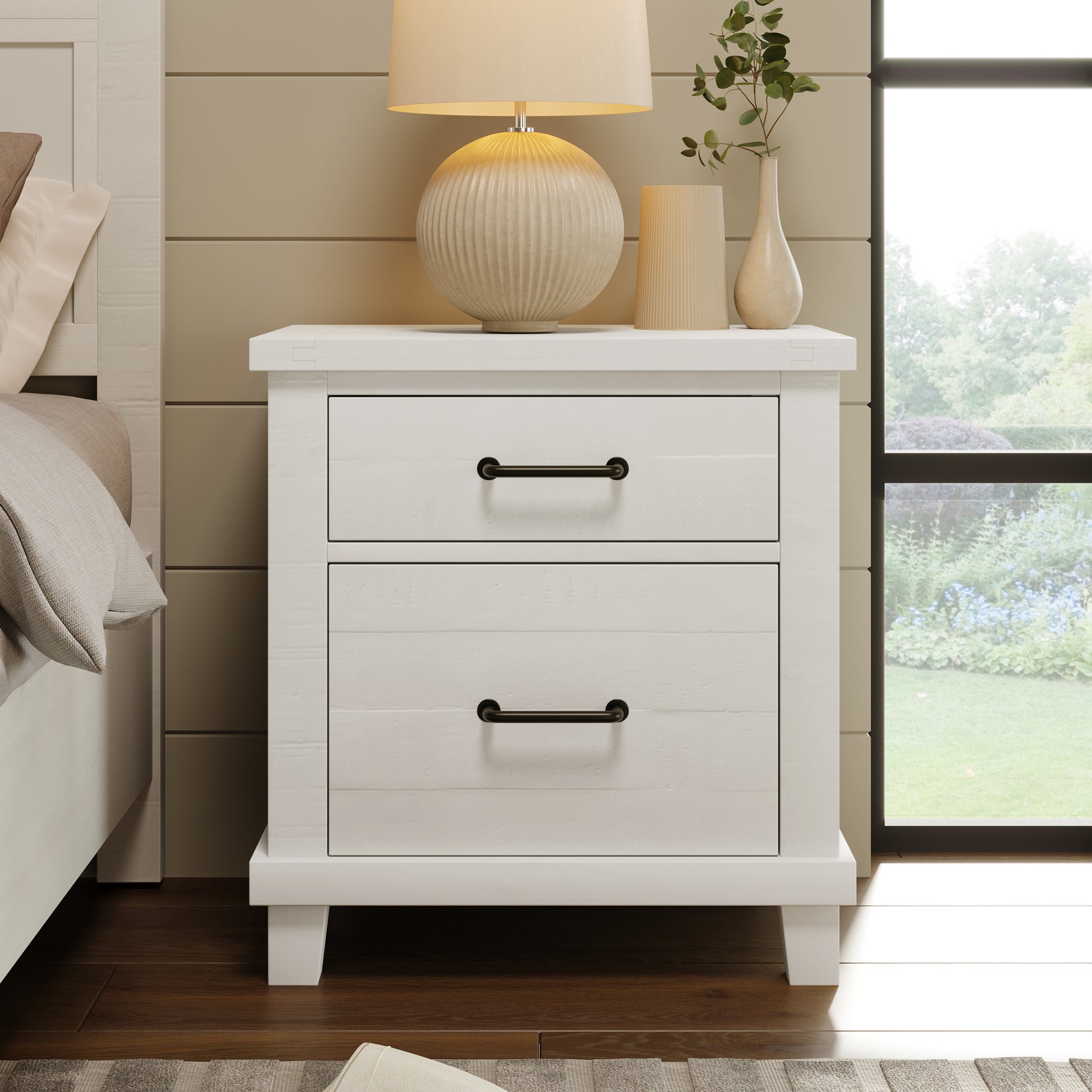 Rustic Farmhouse Style Solid Pine Wood Whitewash Two Drawer Nightstand For Bedroom, Living Room, White Old Sku:Wf301524Aak White Solid Wood Mdf