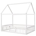 Full Size Wood House Bed With Fence And Door, White Wash White Pine