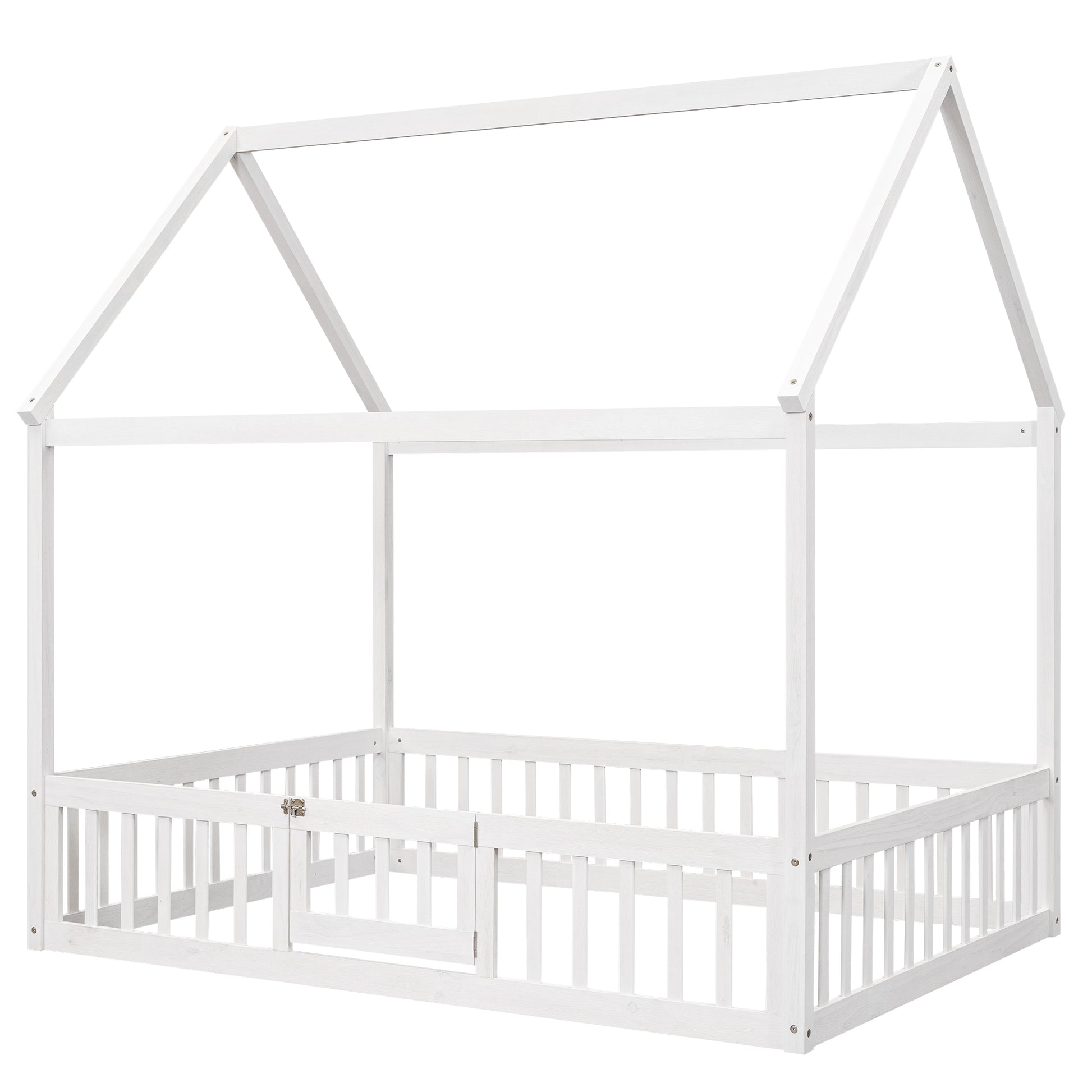 Full Size Wood House Bed With Fence And Door, White Wash White Pine