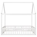 Full Size Wood House Bed With Fence And Door, White Wash White Pine