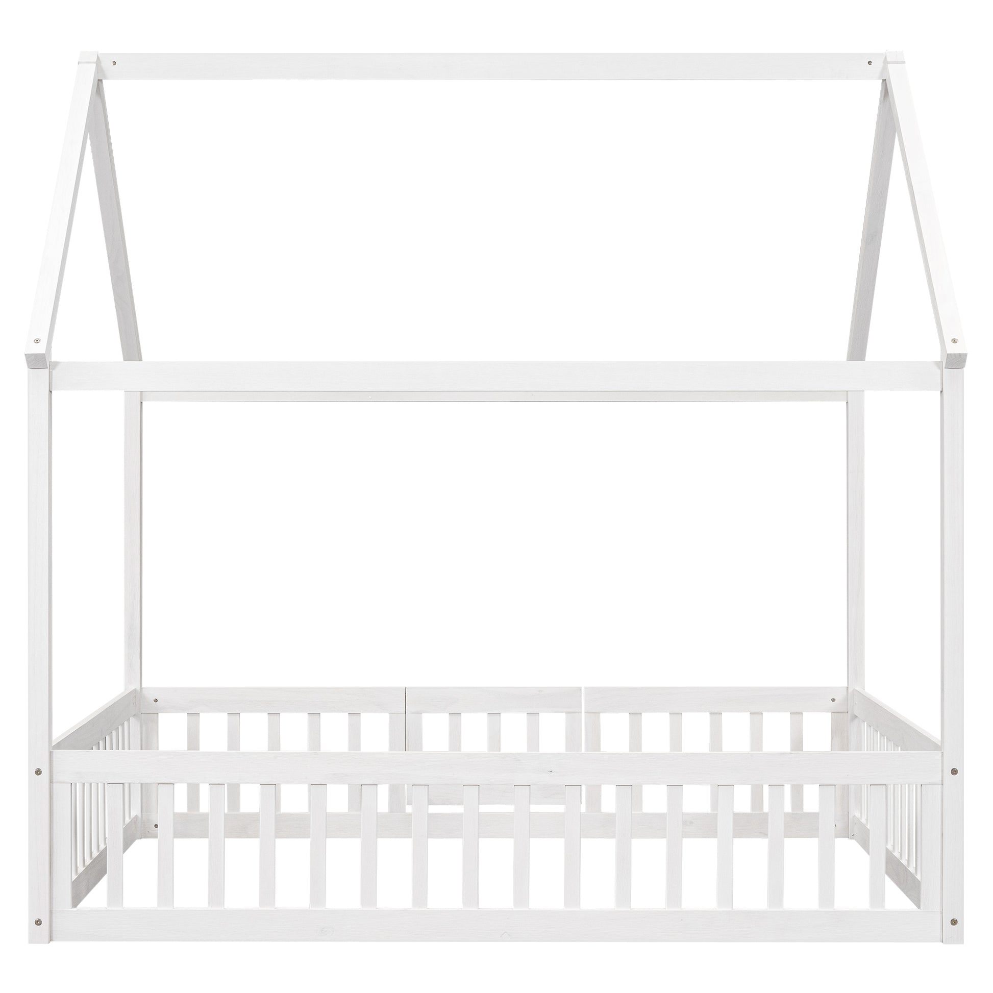 Full Size Wood House Bed With Fence And Door, White Wash White Pine