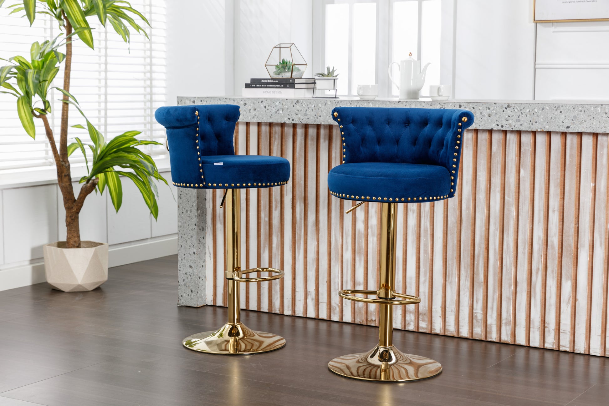 Coolmore Swivel Bar Stools Set Of 2 Adjustable Counter Height Chairs With Footrest For Kitchen, Dining Room 2Pc Set Navy Velvet