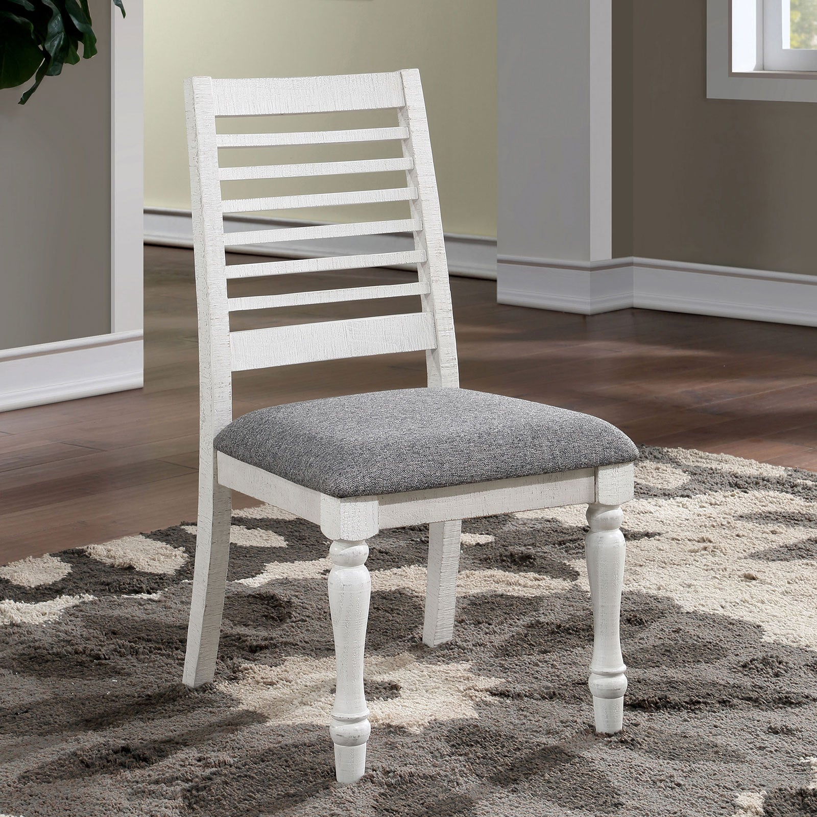 Majestic Rustic 2Pc Dining Chairs Only Antique White Solid Wood Gray Fabric Cushions Two Tone Turned Legs Chair Dining Room Furniture Antique White Gray White Dining Room Rustic Dining Chairs Ladder Back Solid Wood