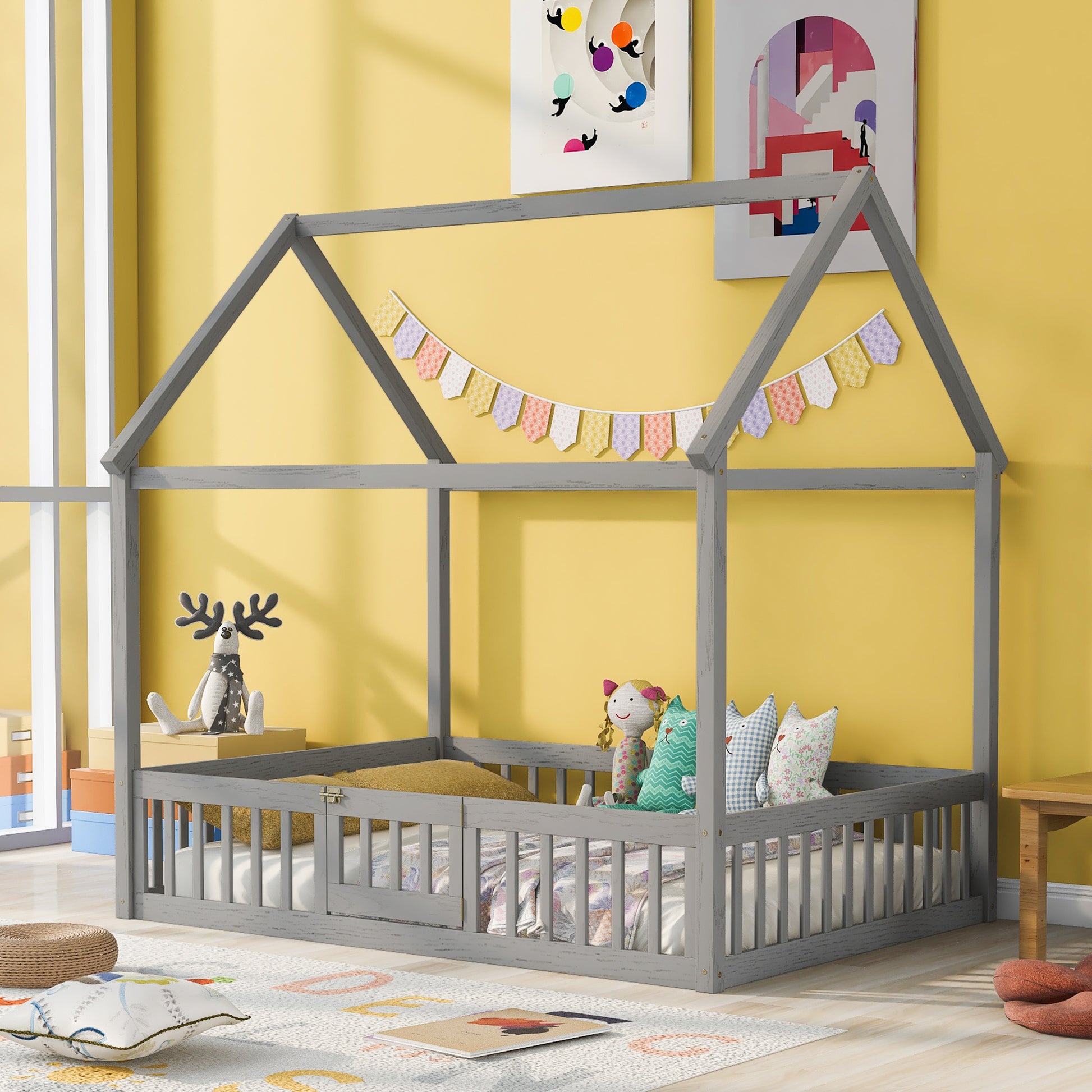 Full Size Wood House Bed With Fence And Door, Gray Wash Gray Pine