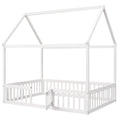 Full Size Wood House Bed With Fence And Door, White Wash White Pine