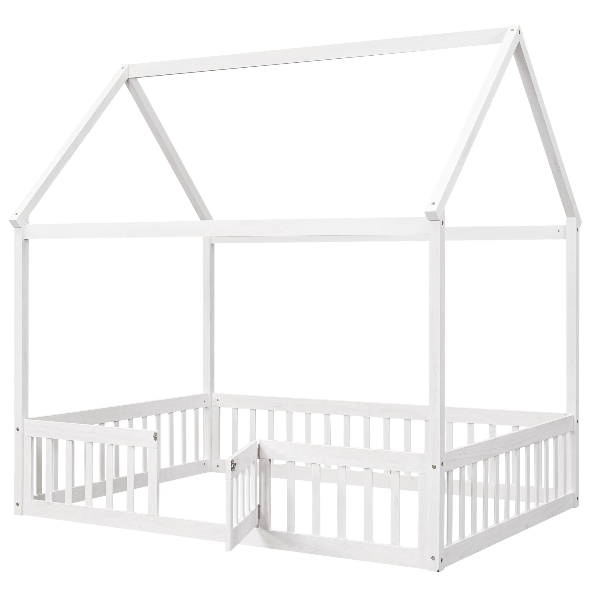 Full Size Wood House Bed With Fence And Door, White Wash White Pine