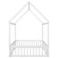 Full Size Wood House Bed With Fence And Door, White Wash White Pine