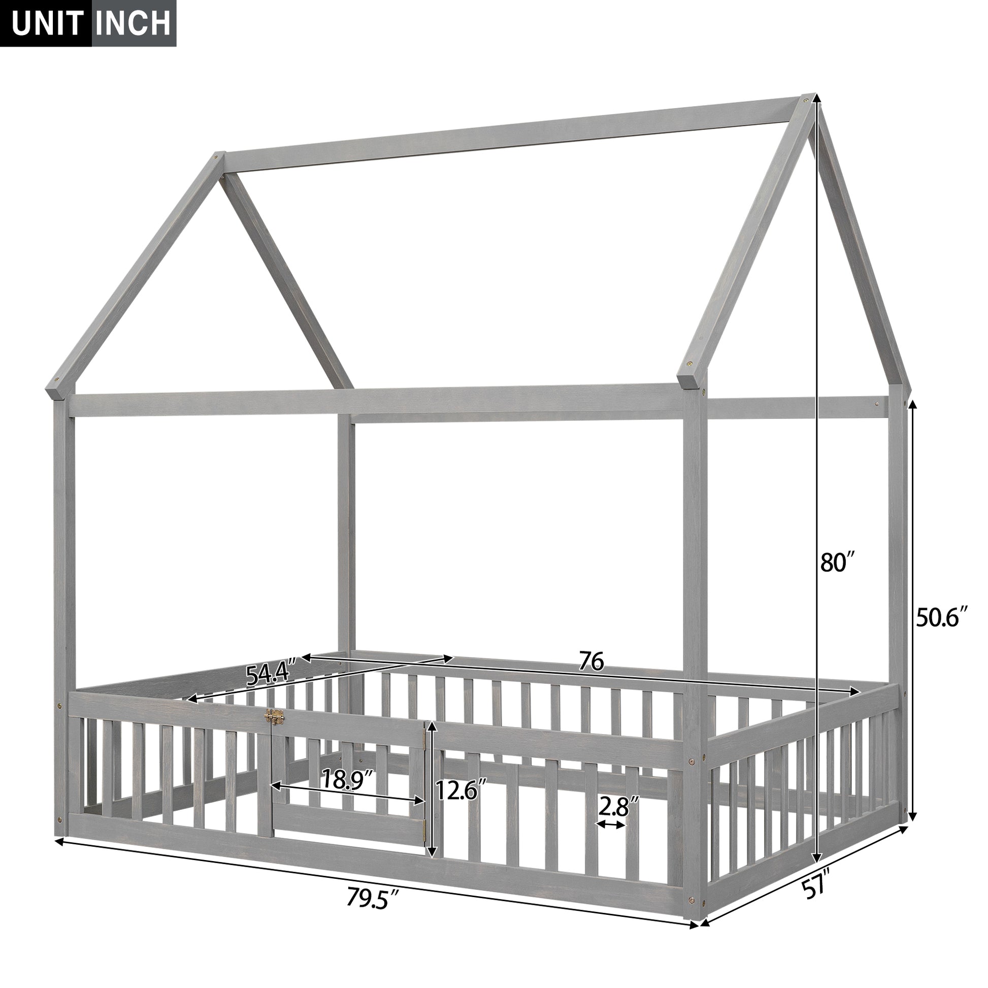 Full Size Wood House Bed With Fence And Door, Gray Wash Gray Pine