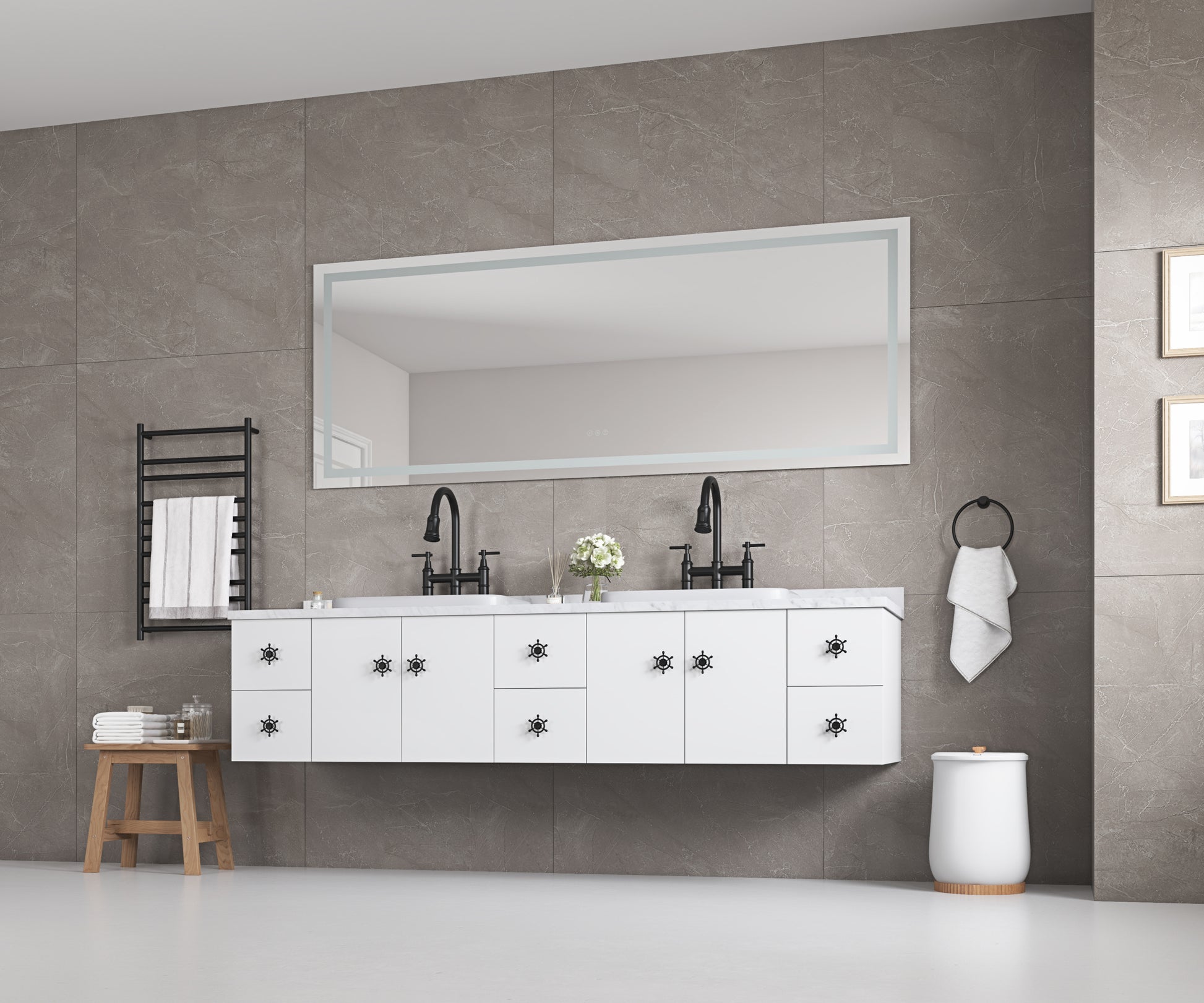 84*30Led Lighted Bathroom Wall Mounted Mirror With High Lumen Anti Fog Separately Control Dimmer Function White Aluminium