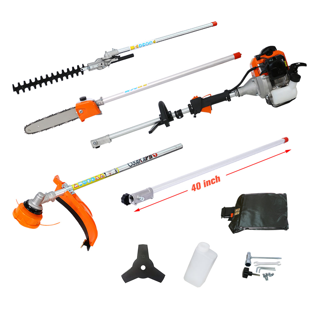 5 In 1 Multi Functional Trimming Tool, 56Cc 2 Cycle Garden Tool System With Gas Pole Saw, Hedge Trimmer, Grass Trimmer, And Brush Cutter Epa Compliant Orange Plastic
