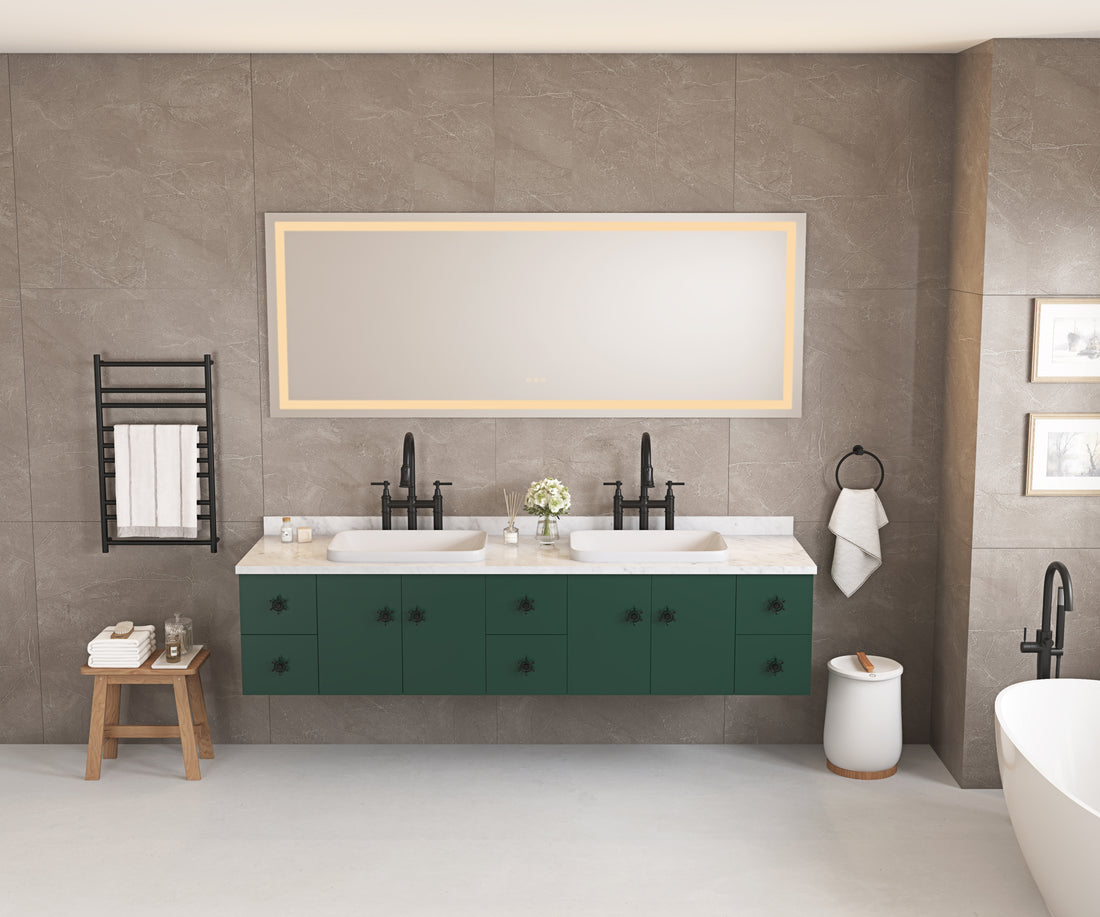 84*30Led Lighted Bathroom Wall Mounted Mirror With High Lumen Anti Fog Separately Control Dimmer Function White Aluminium