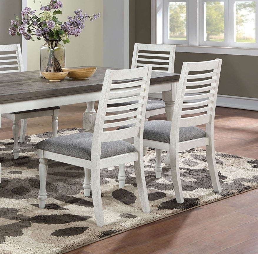 Majestic Rustic 2Pc Dining Chairs Only Antique White Solid Wood Gray Fabric Cushions Two Tone Turned Legs Chair Dining Room Furniture Antique White Gray White Dining Room Rustic Dining Chairs Ladder Back Solid Wood