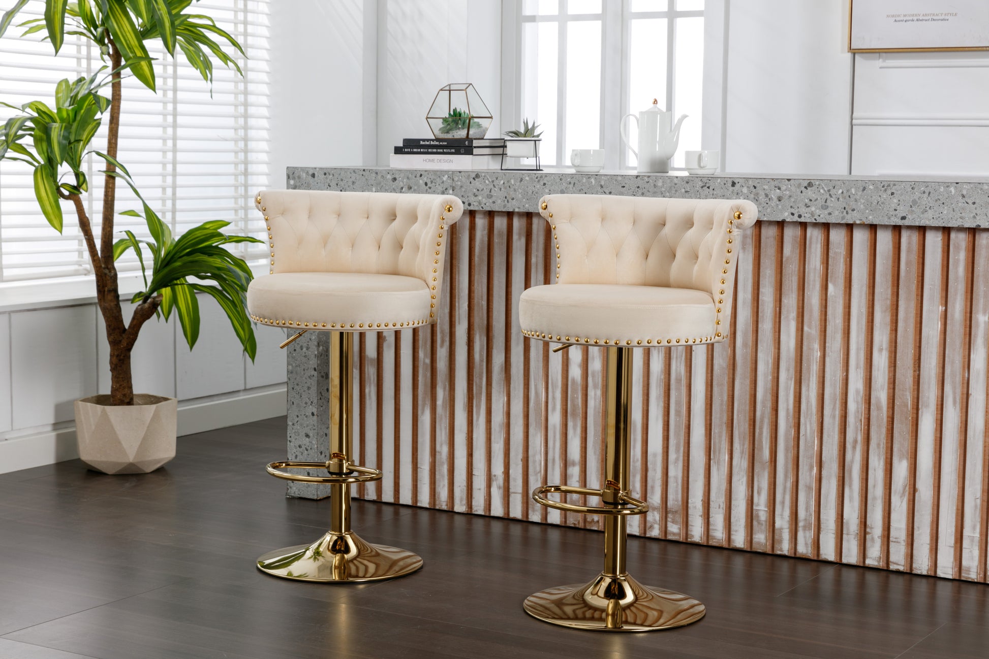 Coolmore Swivel Bar Stools Set Of 2 Adjustable Counter Height Chairs With Footrest For Kitchen, Dining Room 2Pc Set Beige Velvet