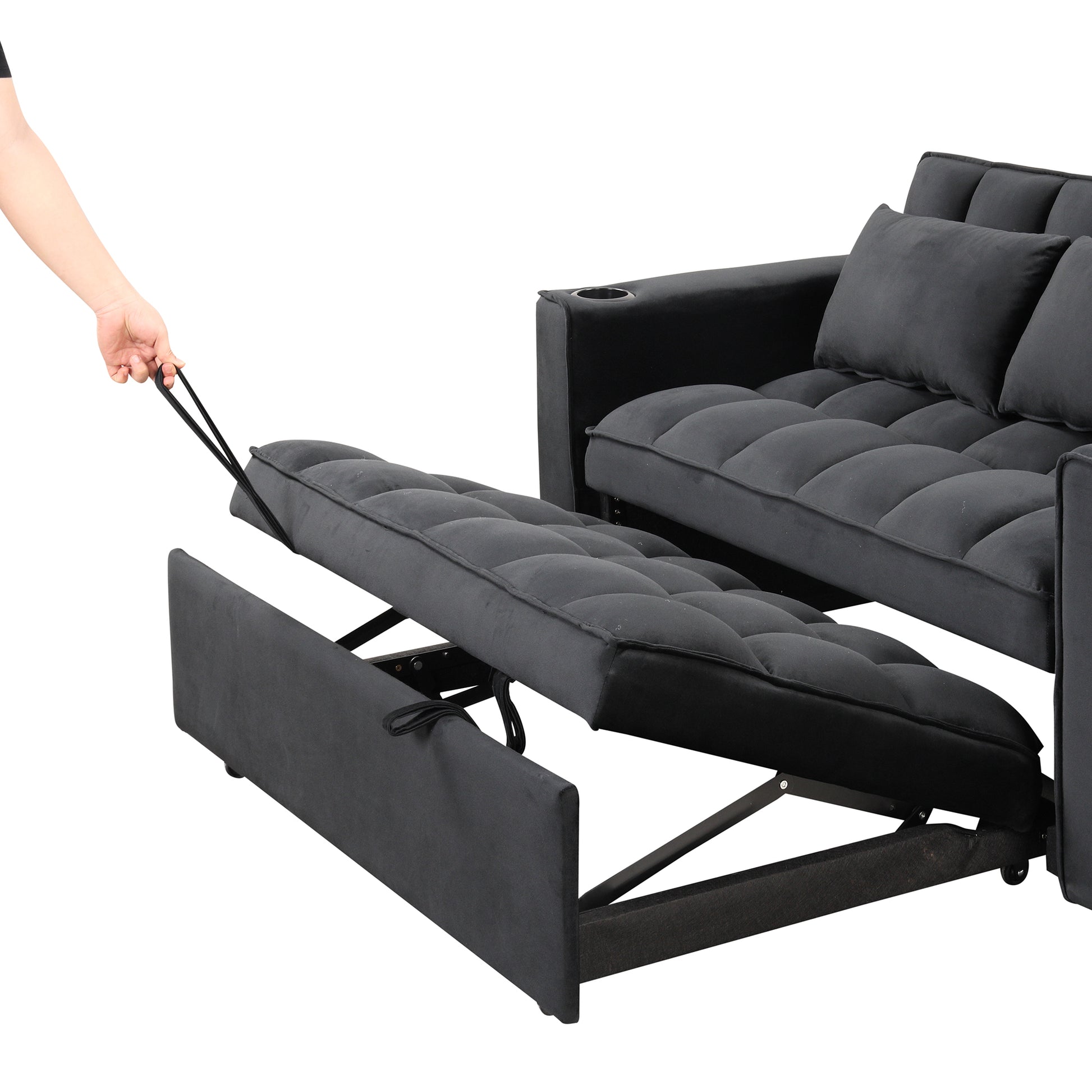 58" 4 1 Multi Functional Sofa Bed With Cup Holder And Usb Port For Living Room Or Apartments Black Black Foam 2 Seat