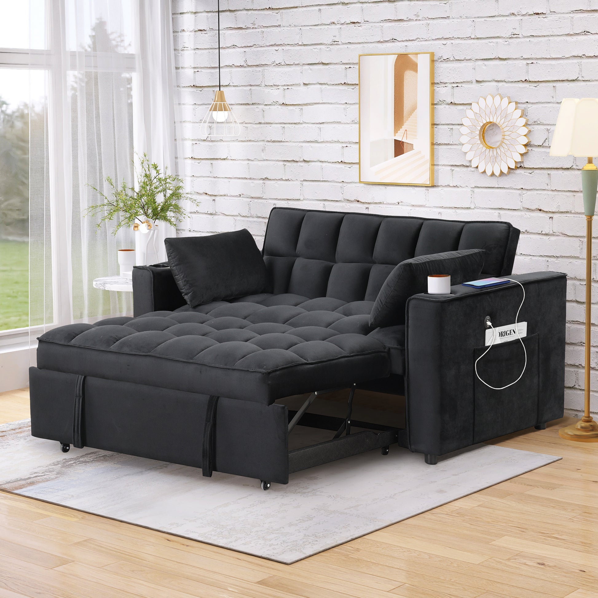 58" 4 1 Multi Functional Sofa Bed With Cup Holder And Usb Port For Living Room Or Apartments Black Black Foam 2 Seat