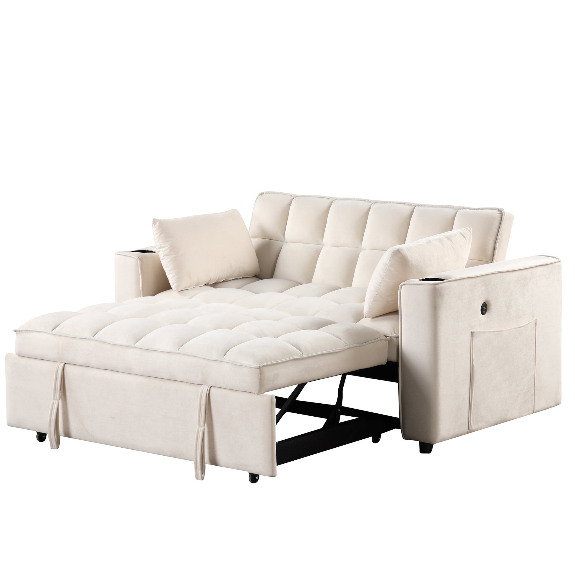 58" 4 1 Multi Functional Sofa Bed With Cup Holder And Usb Port For Living Room Or Apartments Milky White Milk White Foam 2 Seat