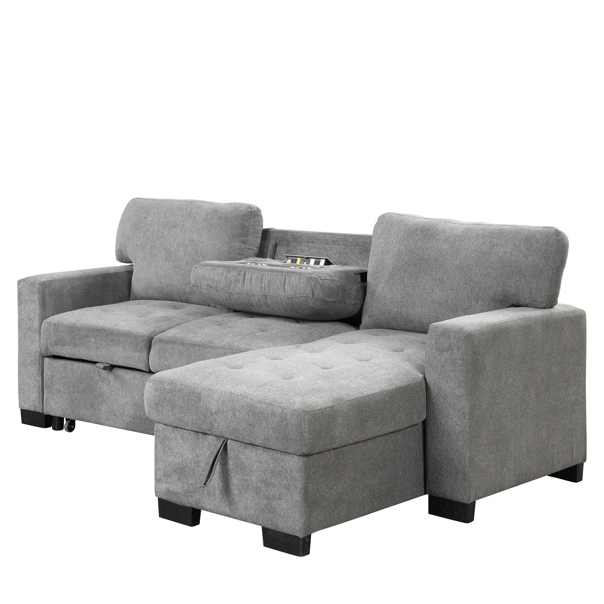 Stylish And Functional Light Chaise Lounge Sectional With Storage Rack Pull Out Bed Drop Down Table And Usb Charger Gray Gray Foam Spring