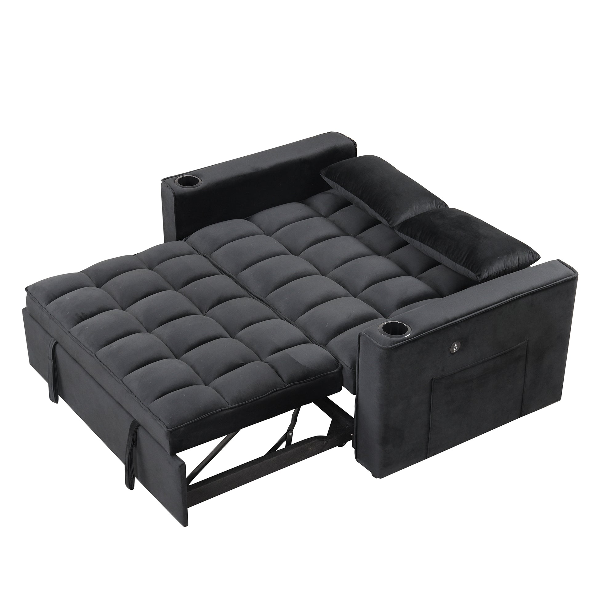 58" 4 1 Multi Functional Sofa Bed With Cup Holder And Usb Port For Living Room Or Apartments Black Black Foam 2 Seat