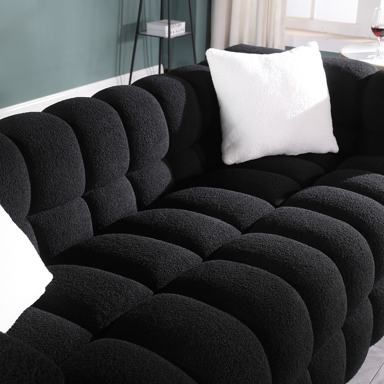 62.2Length ,35.83" Deepth ,Human Body Structure For Usa People, Marshmallow Sofa,Boucle Sofa ,Black Color,32Seater Black Light Brown Wood Primary Living Space Medium Soft Split Back Delicate Duty