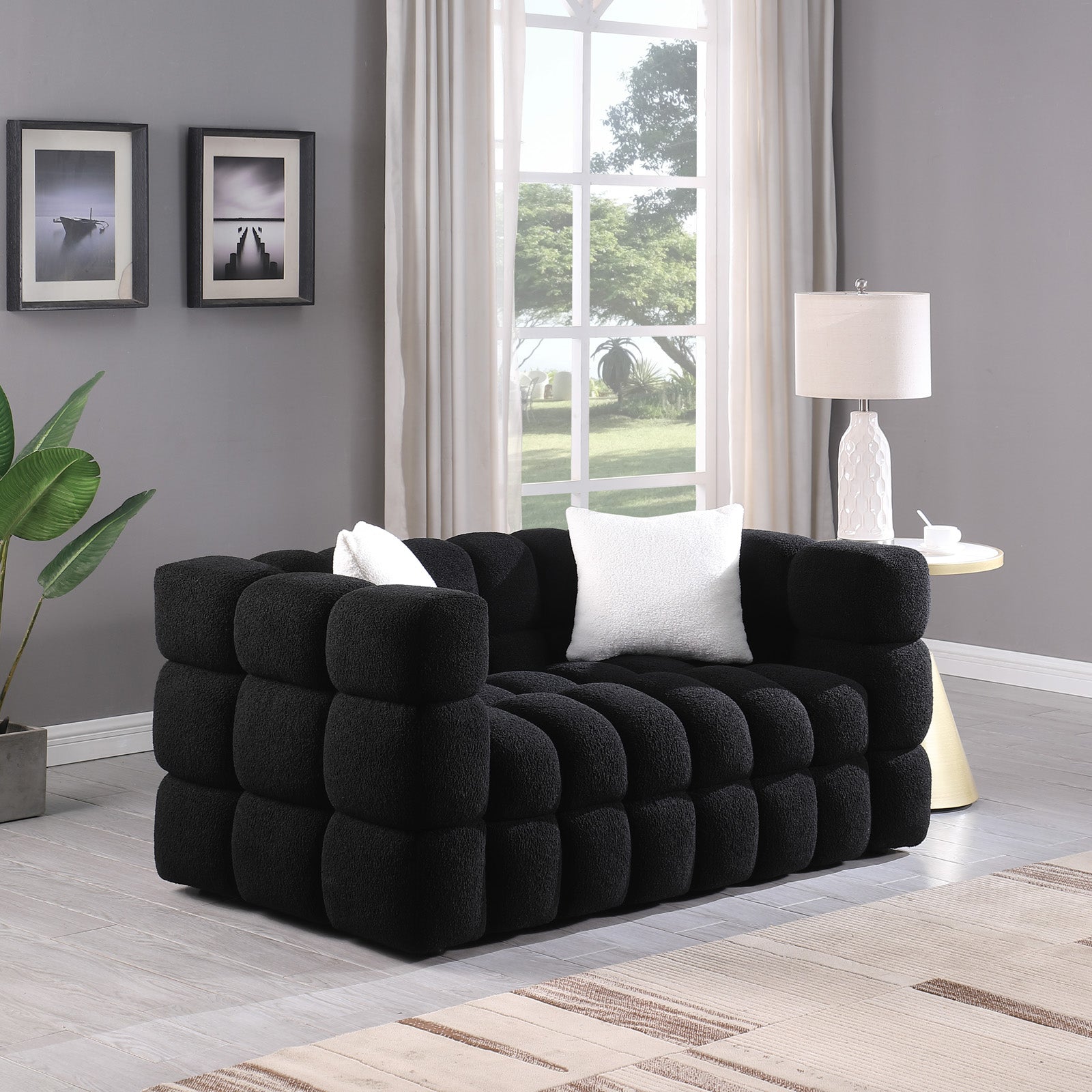 62.2Length ,35.83" Deepth ,Human Body Structure For Usa People, Marshmallow Sofa,Boucle Sofa ,Black Color,32Seater Black Light Brown Wood Primary Living Space Medium Soft Split Back Delicate Duty