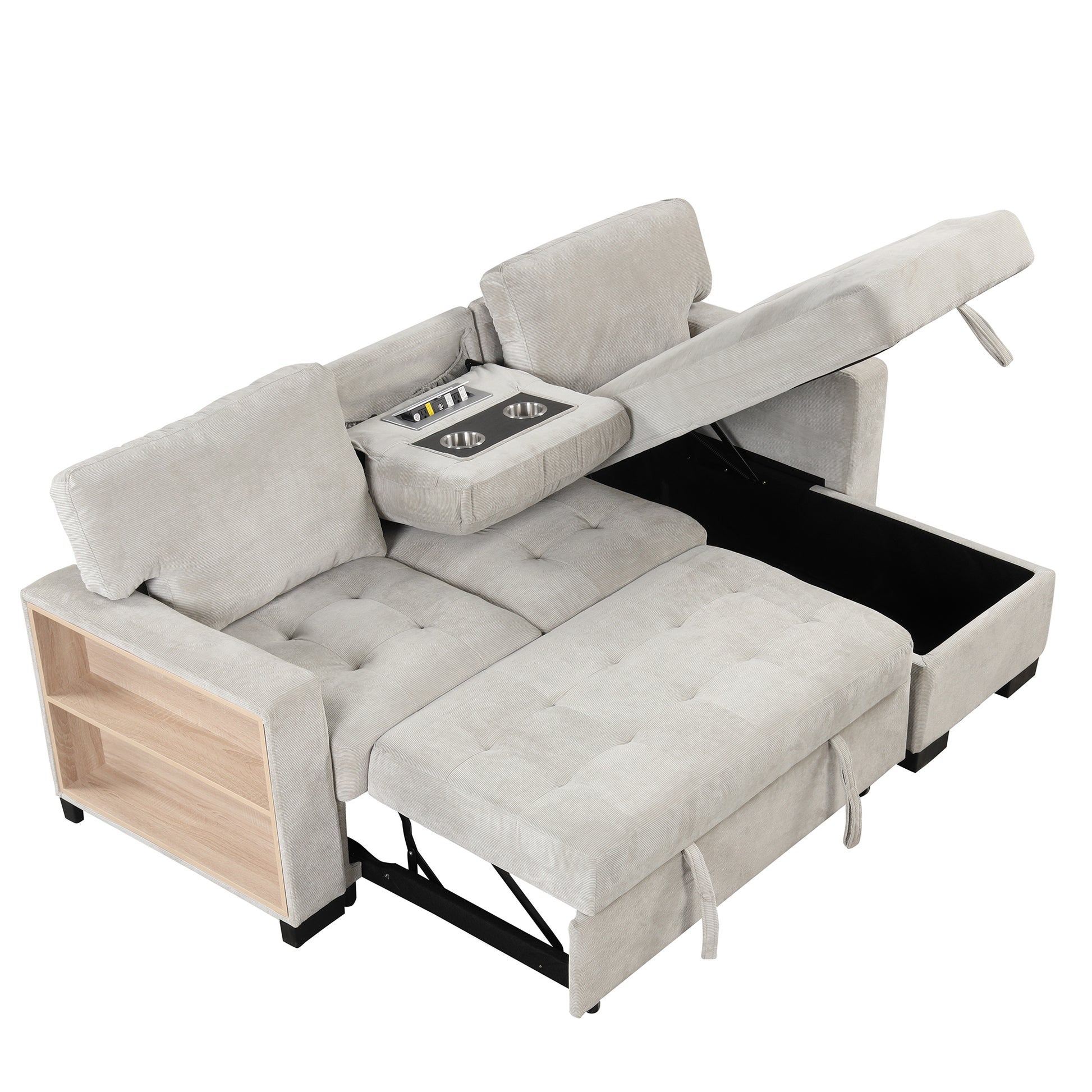 Stylish And Functional Light Chaise Lounge Sectional With Storage Rack Pull Out Bed Drop Down Table And Usb Charger Light Gray Light Gray Foam Spring