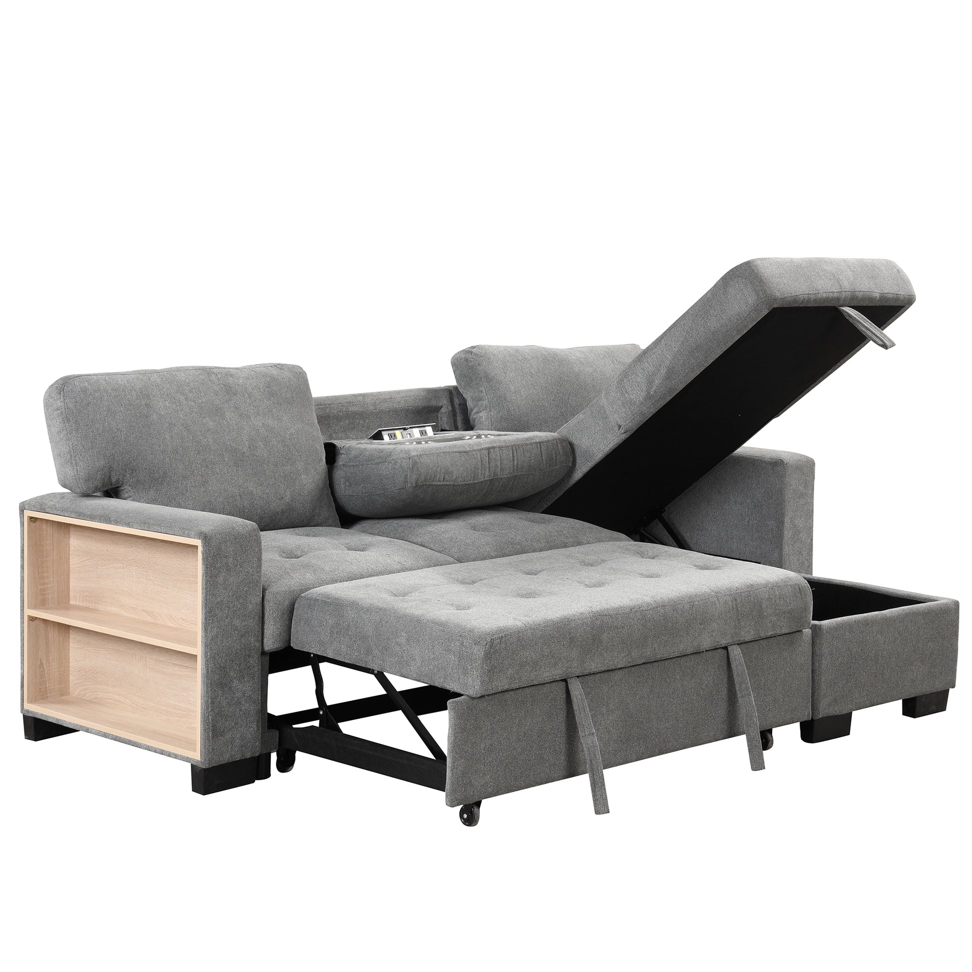 Stylish And Functional Light Chaise Lounge Sectional With Storage Rack Pull Out Bed Drop Down Table And Usb Charger Gray Gray Foam Spring