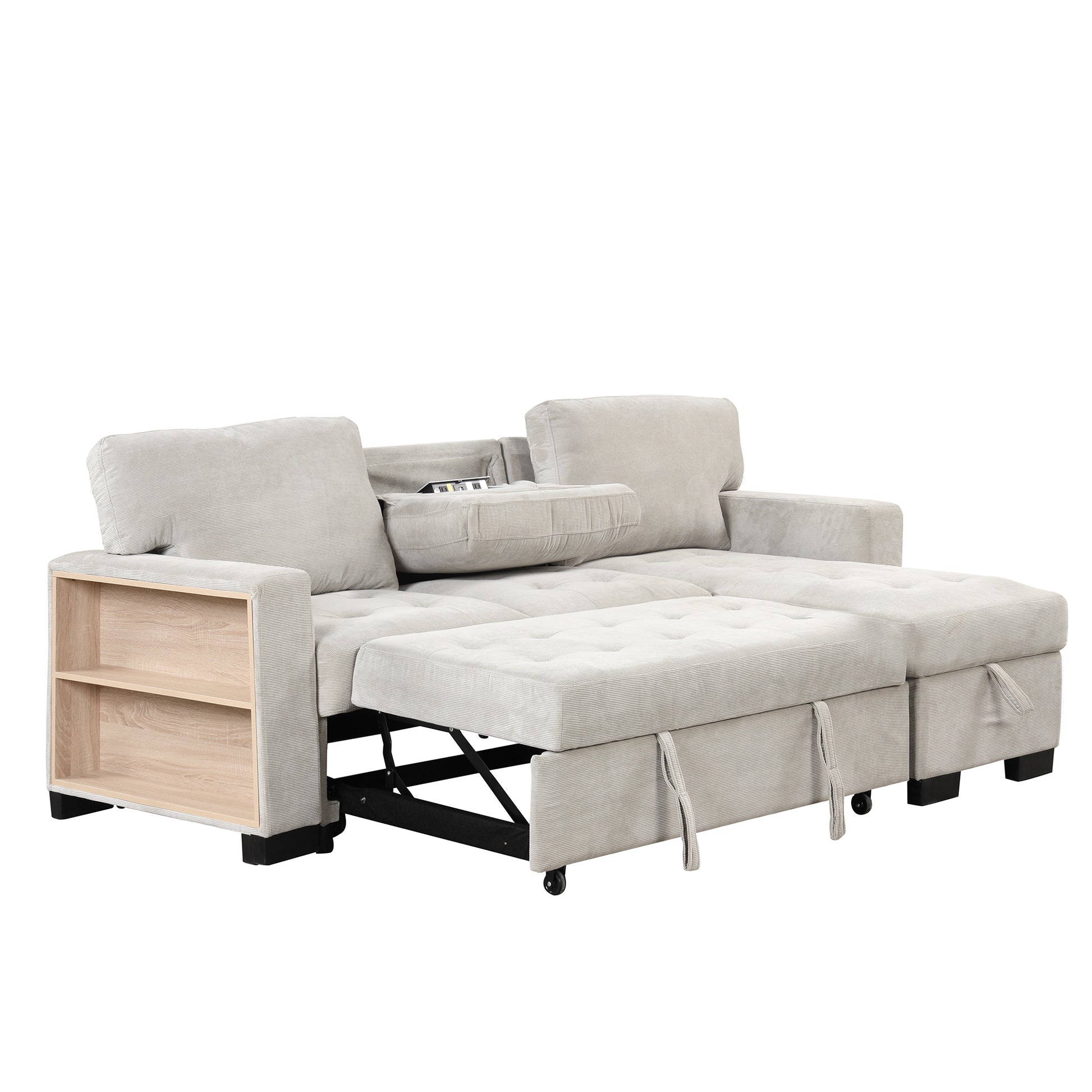 Stylish And Functional Light Chaise Lounge Sectional With Storage Rack Pull Out Bed Drop Down Table And Usb Charger Light Gray Light Gray Foam Spring