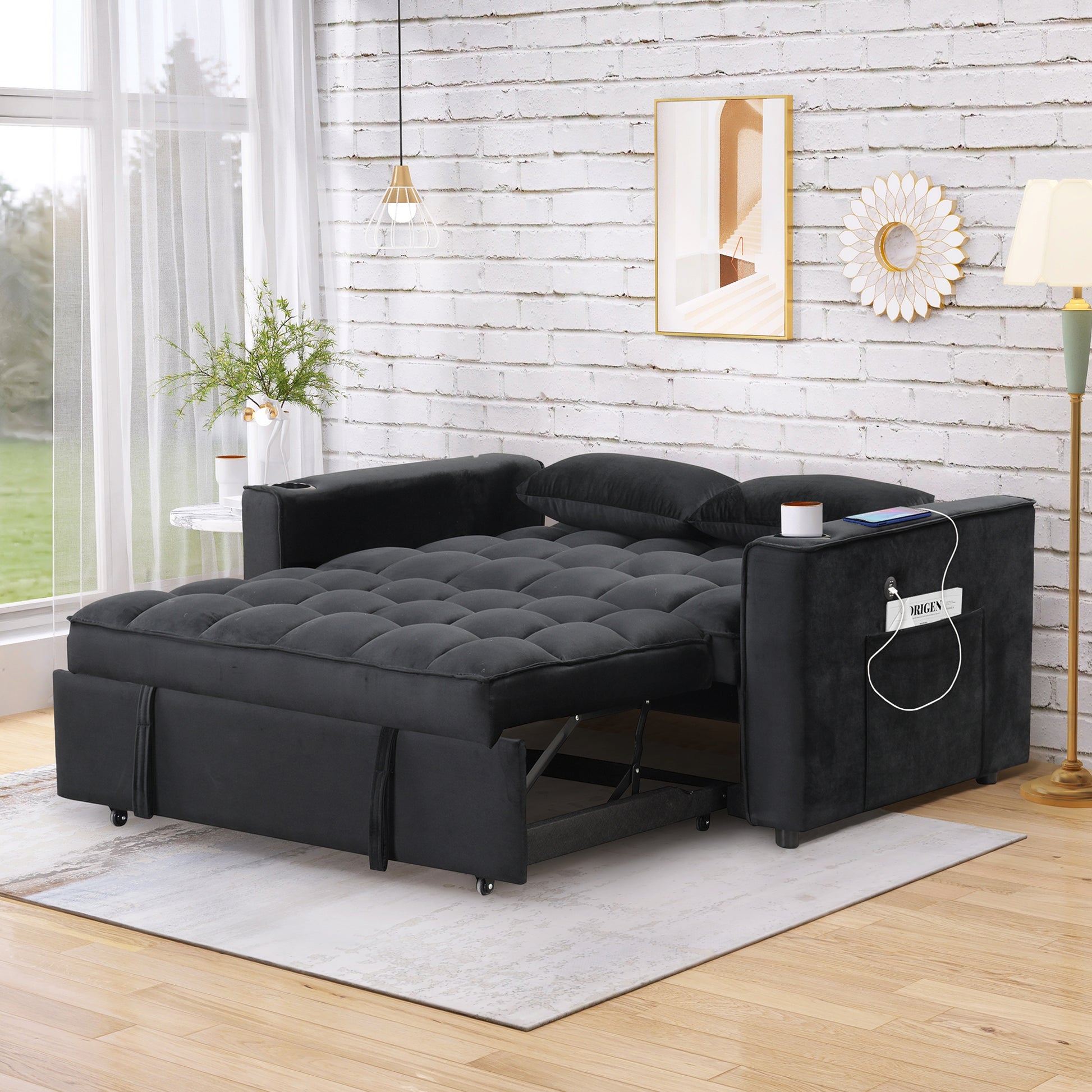 58" 4 1 Multi Functional Sofa Bed With Cup Holder And Usb Port For Living Room Or Apartments Black Black Foam 2 Seat