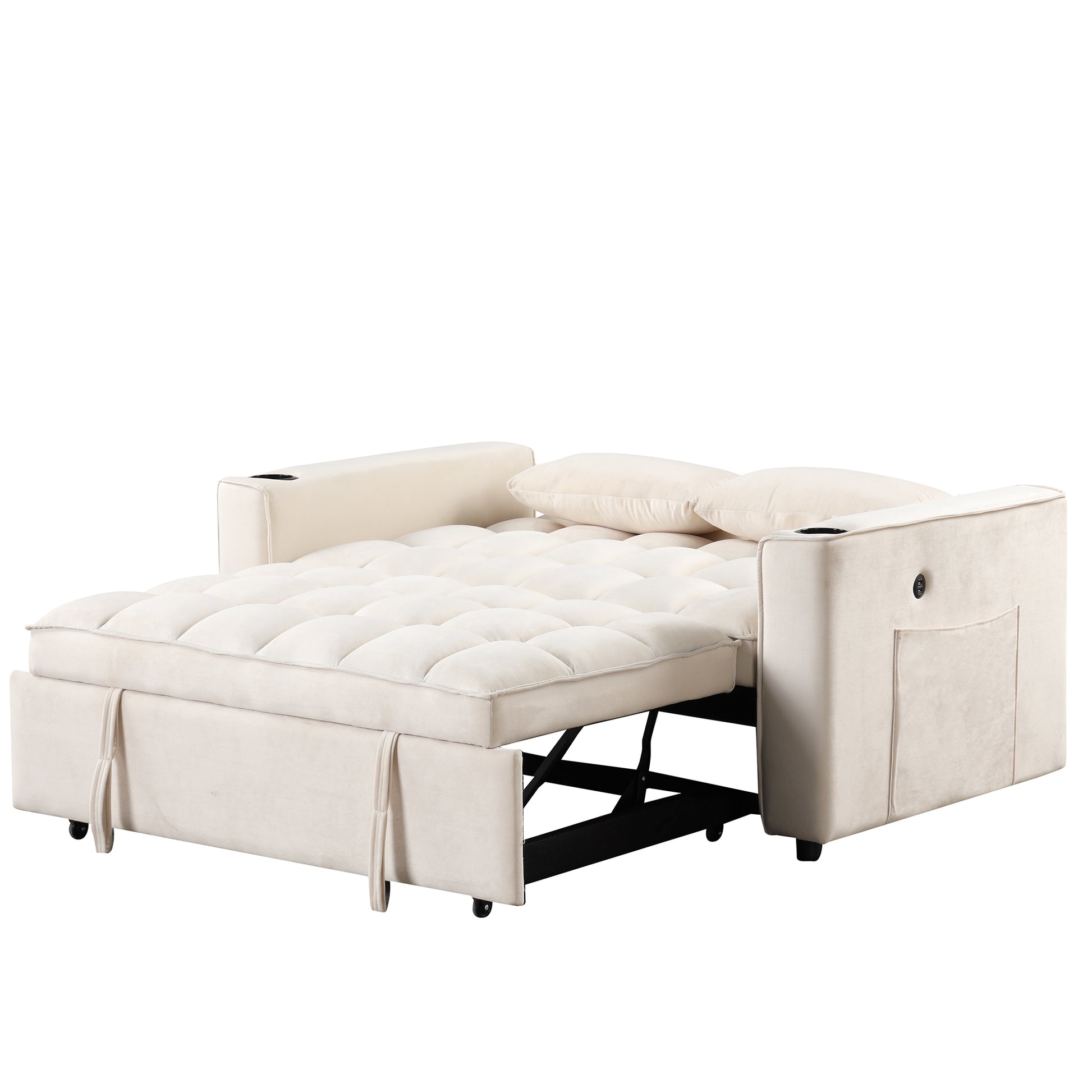 58" 4 1 Multi Functional Sofa Bed With Cup Holder And Usb Port For Living Room Or Apartments Milky White Milk White Foam 2 Seat