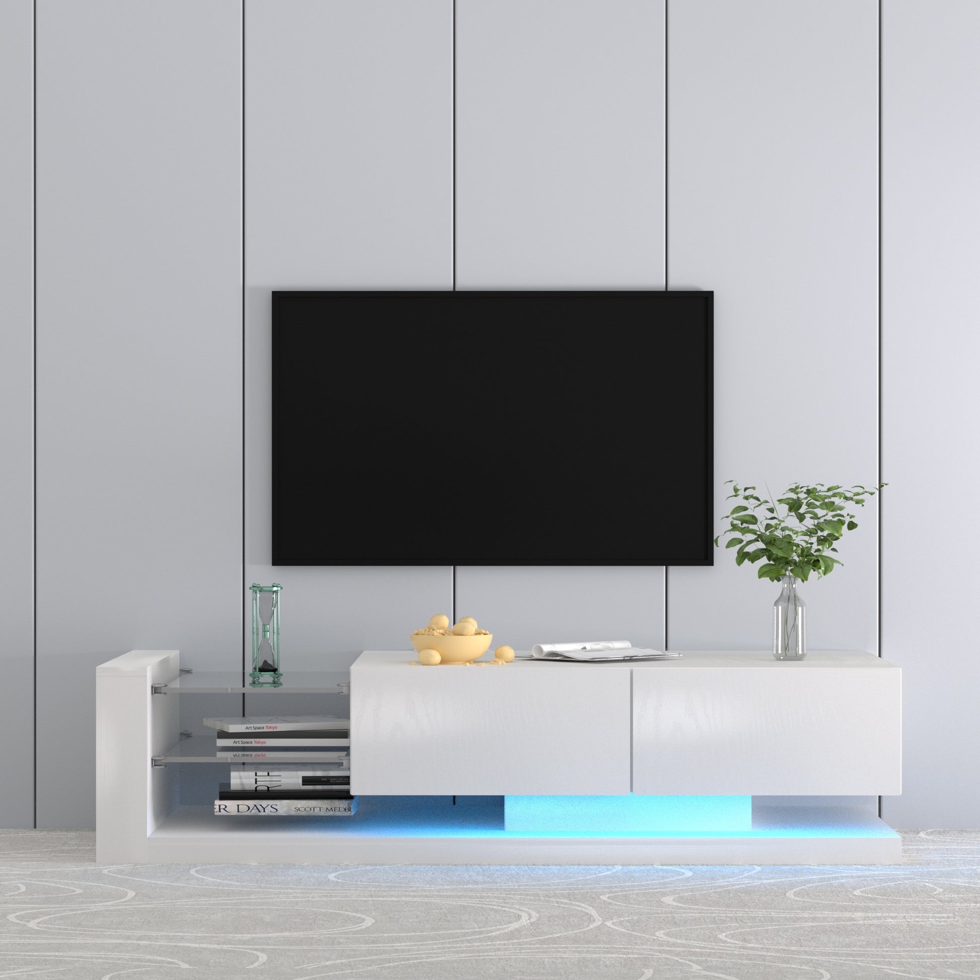 Tv Console With Storage Cabinets, Full Rgb Color 31 Modes Changing Lights Remote Rgb Led Tv Stand, Modern Entertainment Center White For 75 Inches Tv White Primary Living Space 75 Inches 70 79 Inches Modern 75 Inches Particle Board