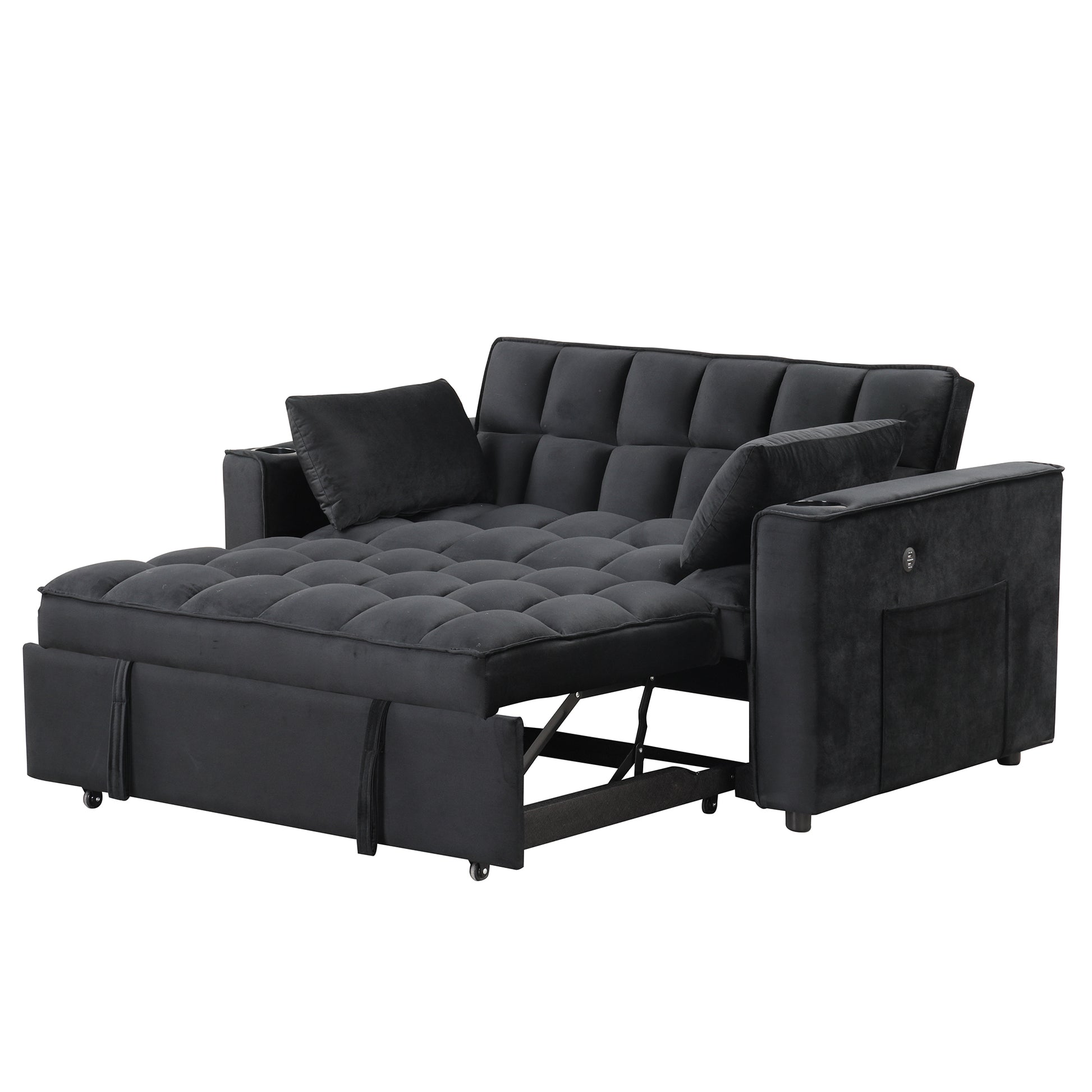 58" 4 1 Multi Functional Sofa Bed With Cup Holder And Usb Port For Living Room Or Apartments Black Black Foam 2 Seat