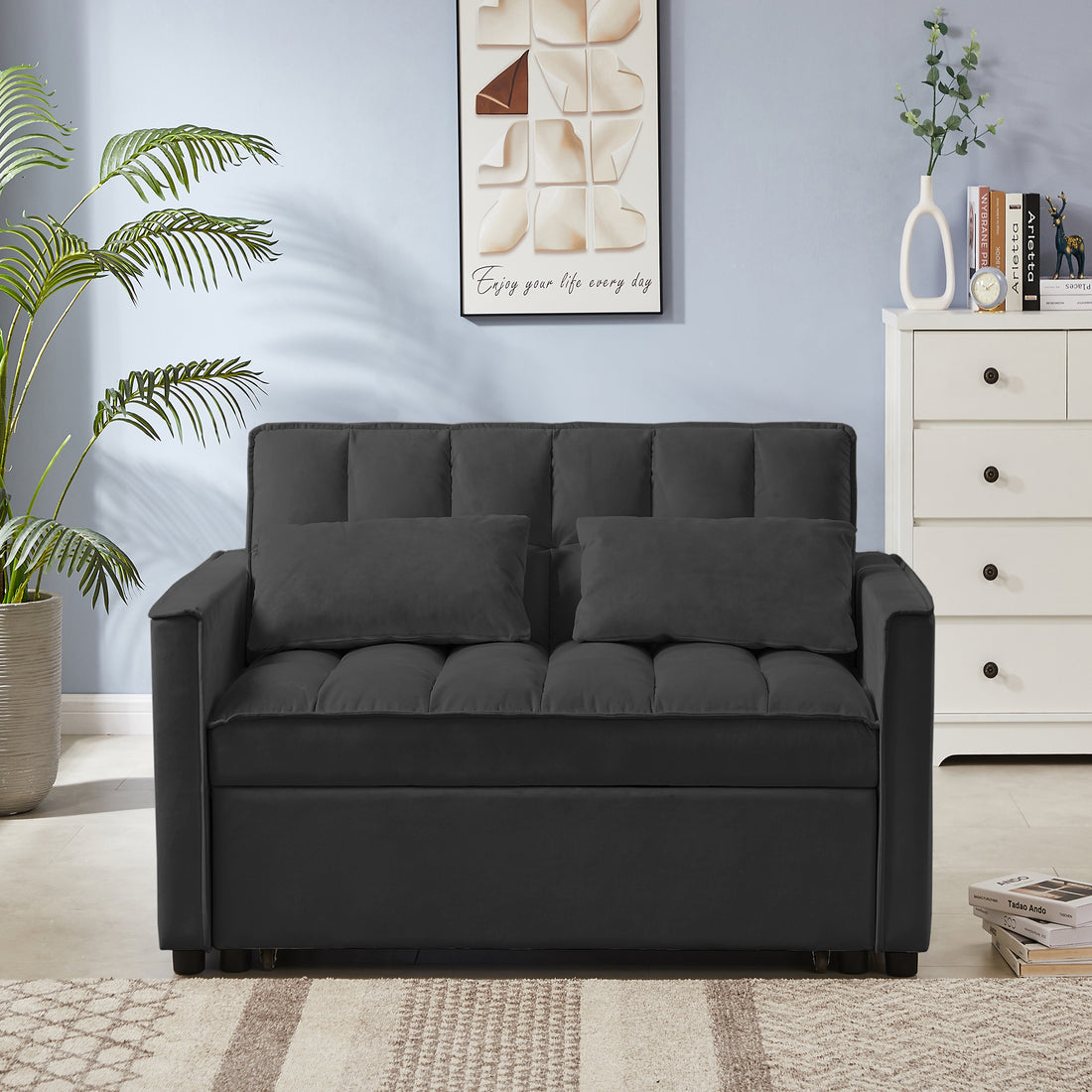 Black Velvet Loveseat Sofa Bed Black Wood Tufted Back Square Arms Foam Velvet 2 Seat