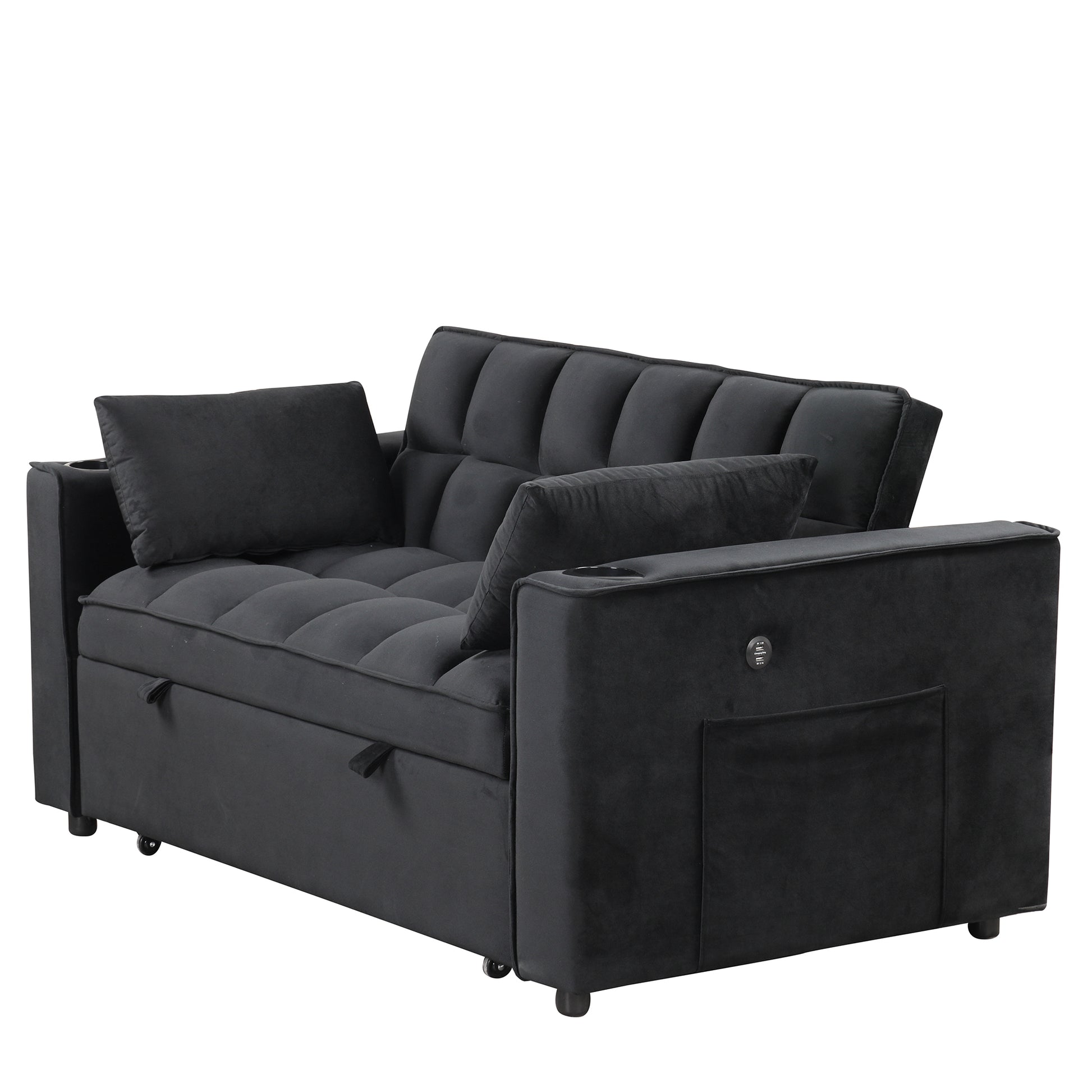 58" 4 1 Multi Functional Sofa Bed With Cup Holder And Usb Port For Living Room Or Apartments Black Black Foam 2 Seat