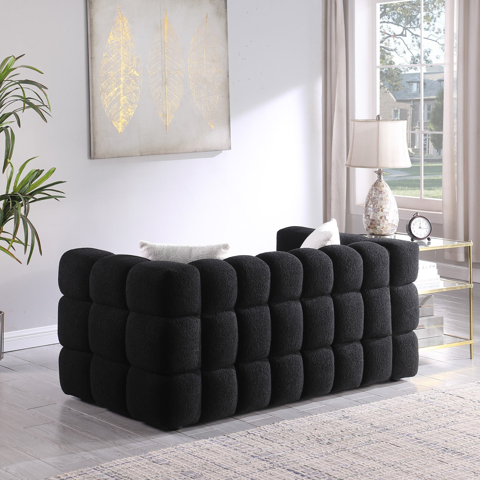 62.2Length ,35.83" Deepth ,Human Body Structure For Usa People, Marshmallow Sofa,Boucle Sofa ,Black Color,32Seater Black Light Brown Wood Primary Living Space Medium Soft Split Back Delicate Duty