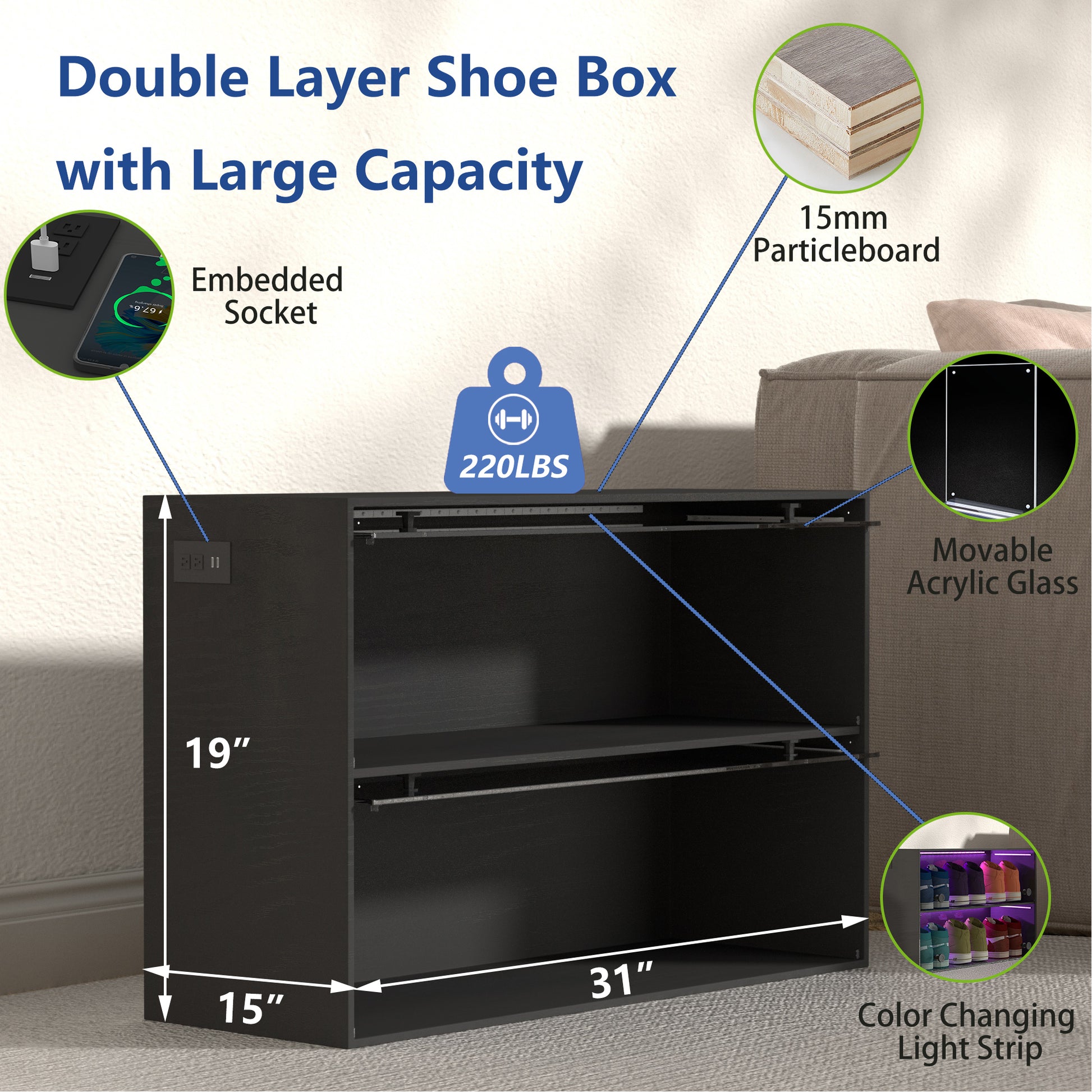 Video Sneaker Storage, Wooden Stackable Shoe Storage Box With Sliding Glass Door, Shoe Organizer Storage Box With Rgb Led Light For Up To 6 Pairs Of Shoes, Shoe Storage Bin For Display Sneakers