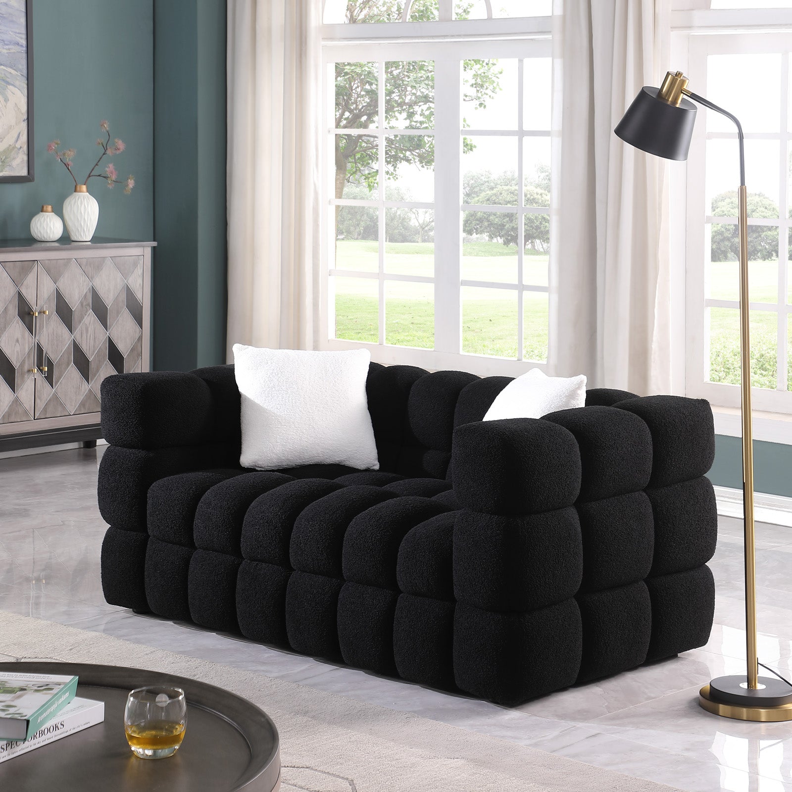 62.2Length ,35.83" Deepth ,Human Body Structure For Usa People, Marshmallow Sofa,Boucle Sofa ,Black Color,32Seater Black Light Brown Wood Primary Living Space Medium Soft Split Back Delicate Duty