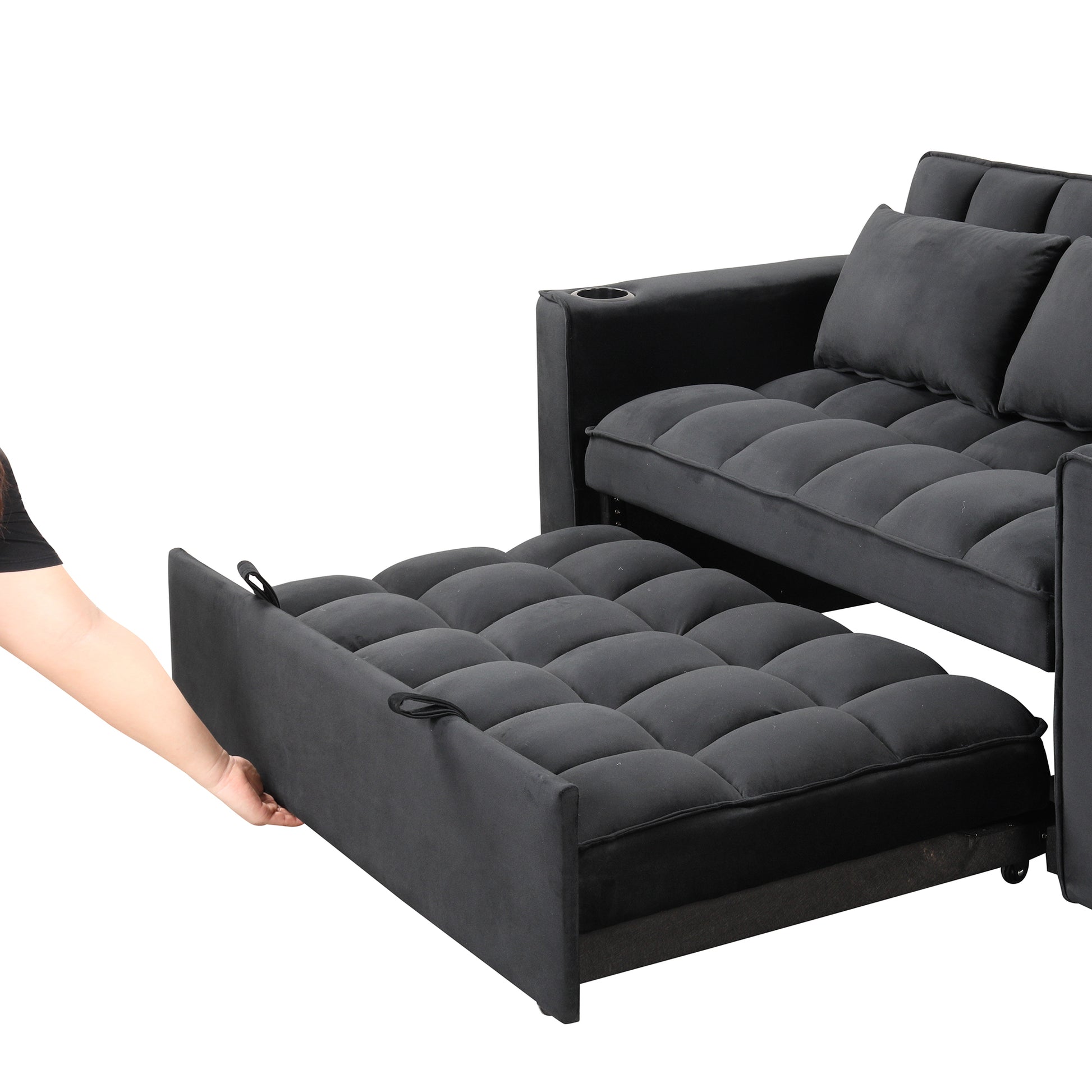 58" 4 1 Multi Functional Sofa Bed With Cup Holder And Usb Port For Living Room Or Apartments Black Black Foam 2 Seat