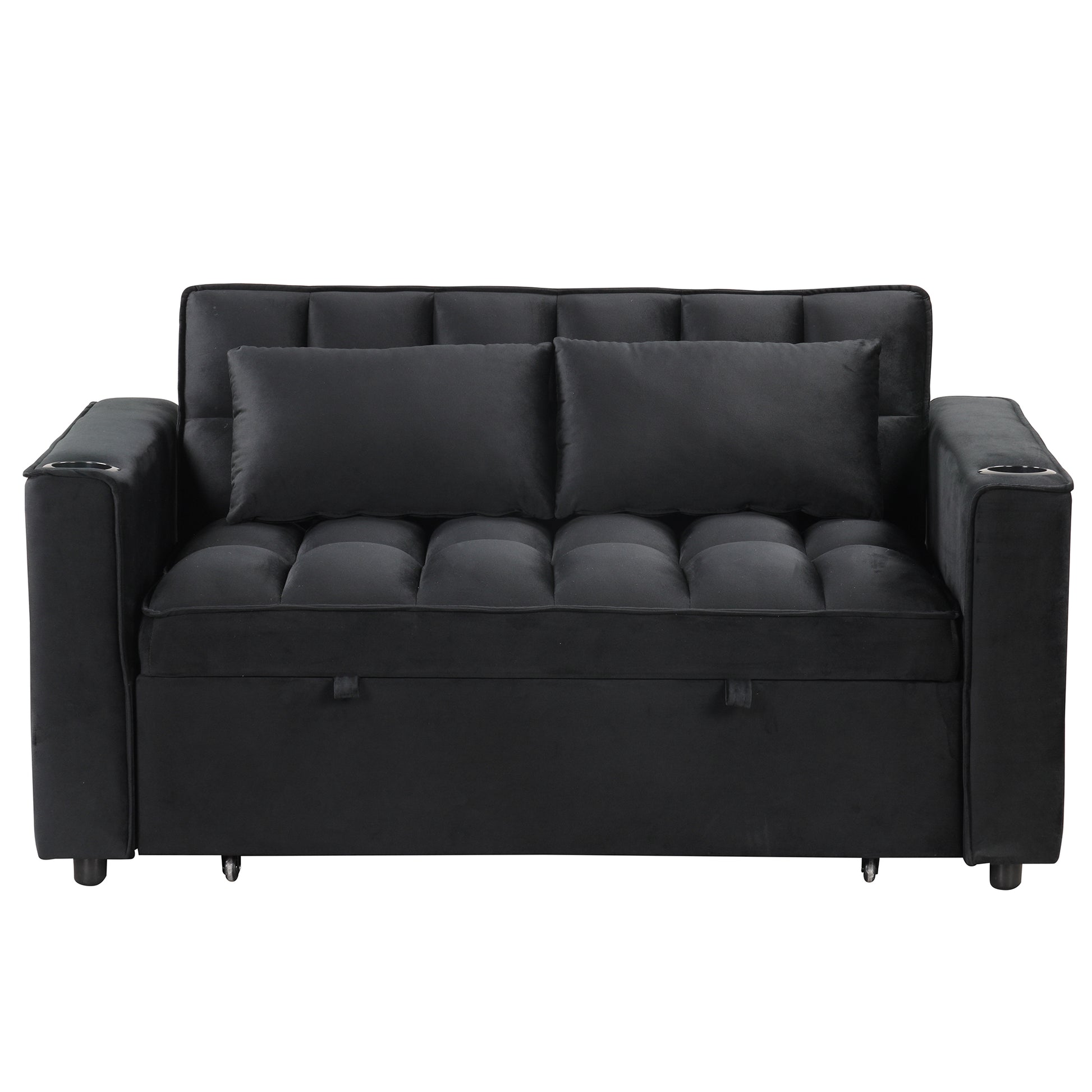 58" 4 1 Multi Functional Sofa Bed With Cup Holder And Usb Port For Living Room Or Apartments Black Black Foam 2 Seat