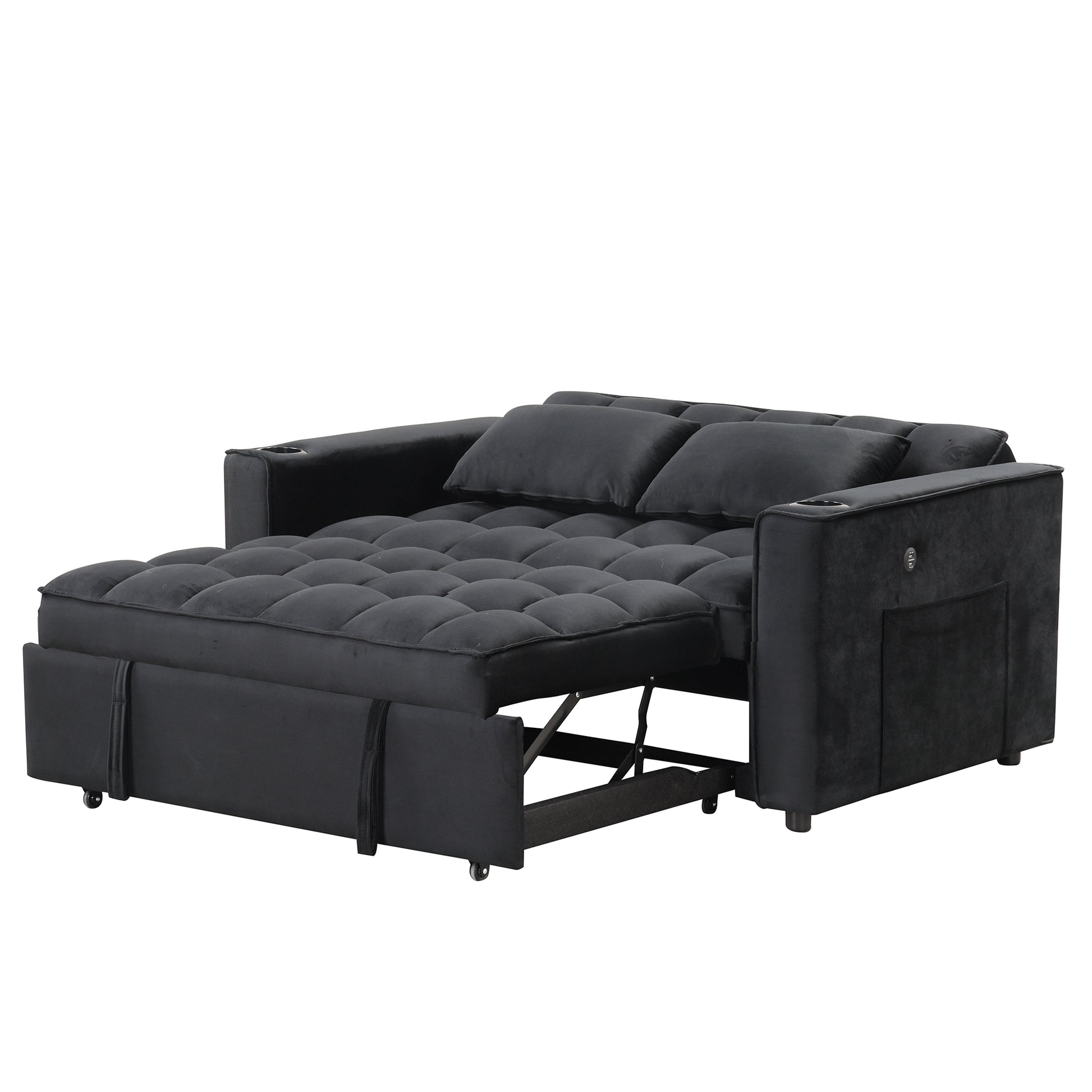 58" 4 1 Multi Functional Sofa Bed With Cup Holder And Usb Port For Living Room Or Apartments Black Black Foam 2 Seat