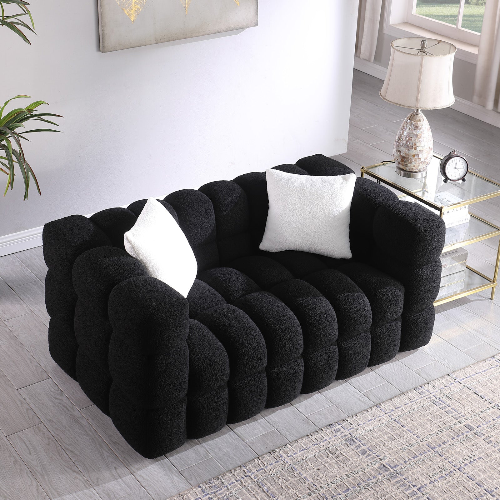 62.2Length ,35.83" Deepth ,Human Body Structure For Usa People, Marshmallow Sofa,Boucle Sofa ,Black Color,32Seater Black Light Brown Wood Primary Living Space Medium Soft Split Back Delicate Duty