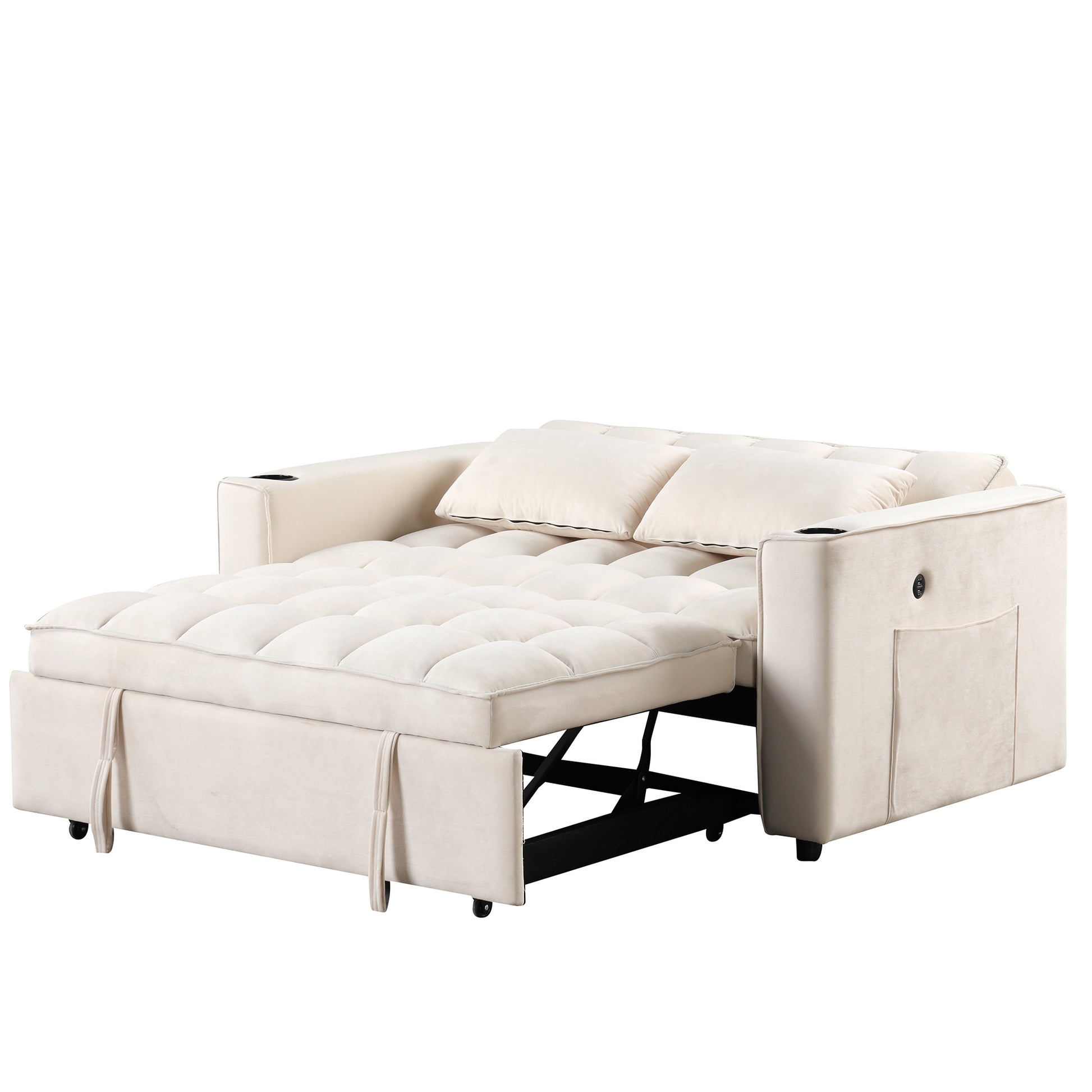 58" 4 1 Multi Functional Sofa Bed With Cup Holder And Usb Port For Living Room Or Apartments Milky White Milk White Foam 2 Seat