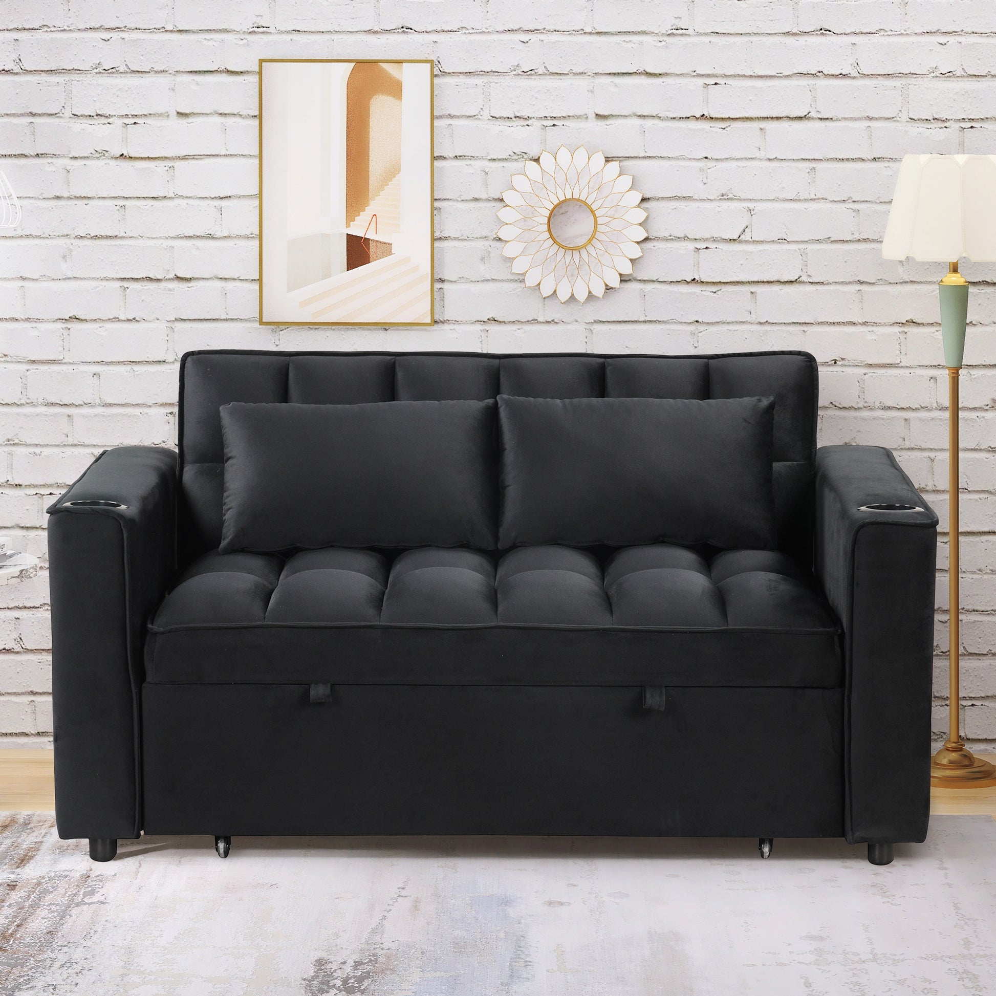 58" 4 1 Multi Functional Sofa Bed With Cup Holder And Usb Port For Living Room Or Apartments Black Black Foam 2 Seat