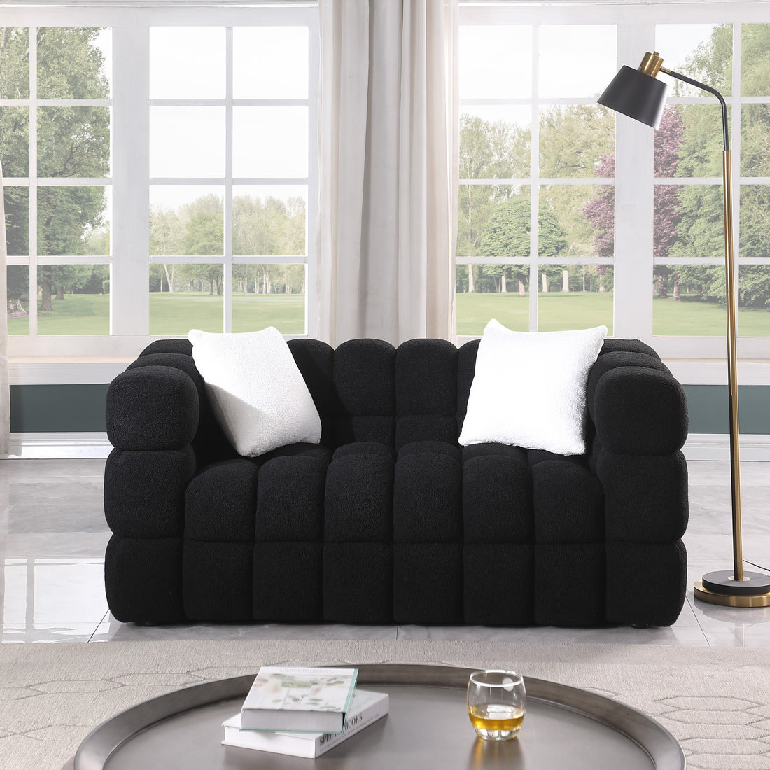 62.2Length ,35.83" Deepth ,Human Body Structure For Usa People, Marshmallow Sofa,Boucle Sofa ,Black Color,32Seater Black Light Brown Wood Primary Living Space Medium Soft Split Back Delicate Duty