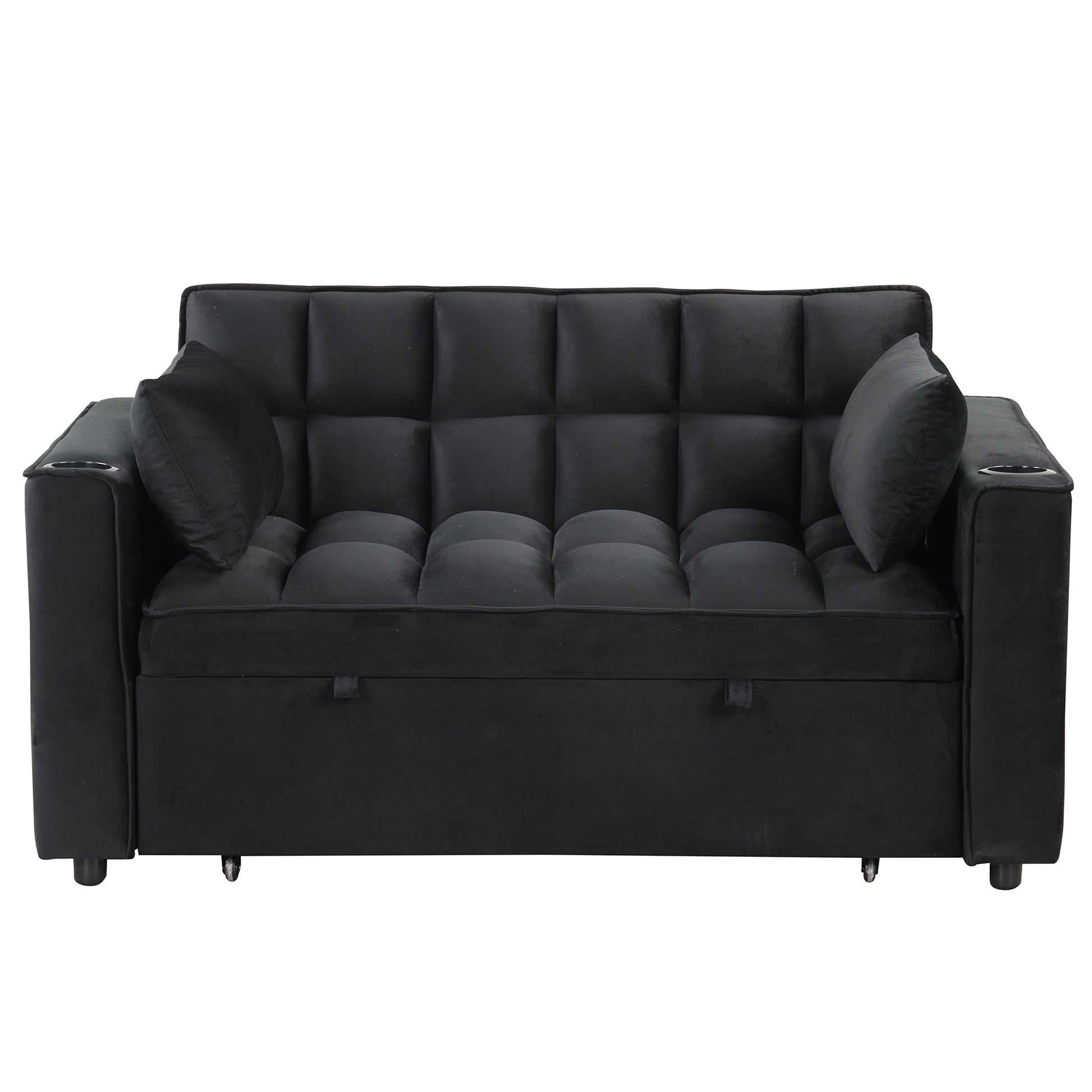 58" 4 1 Multi Functional Sofa Bed With Cup Holder And Usb Port For Living Room Or Apartments Black Black Foam 2 Seat