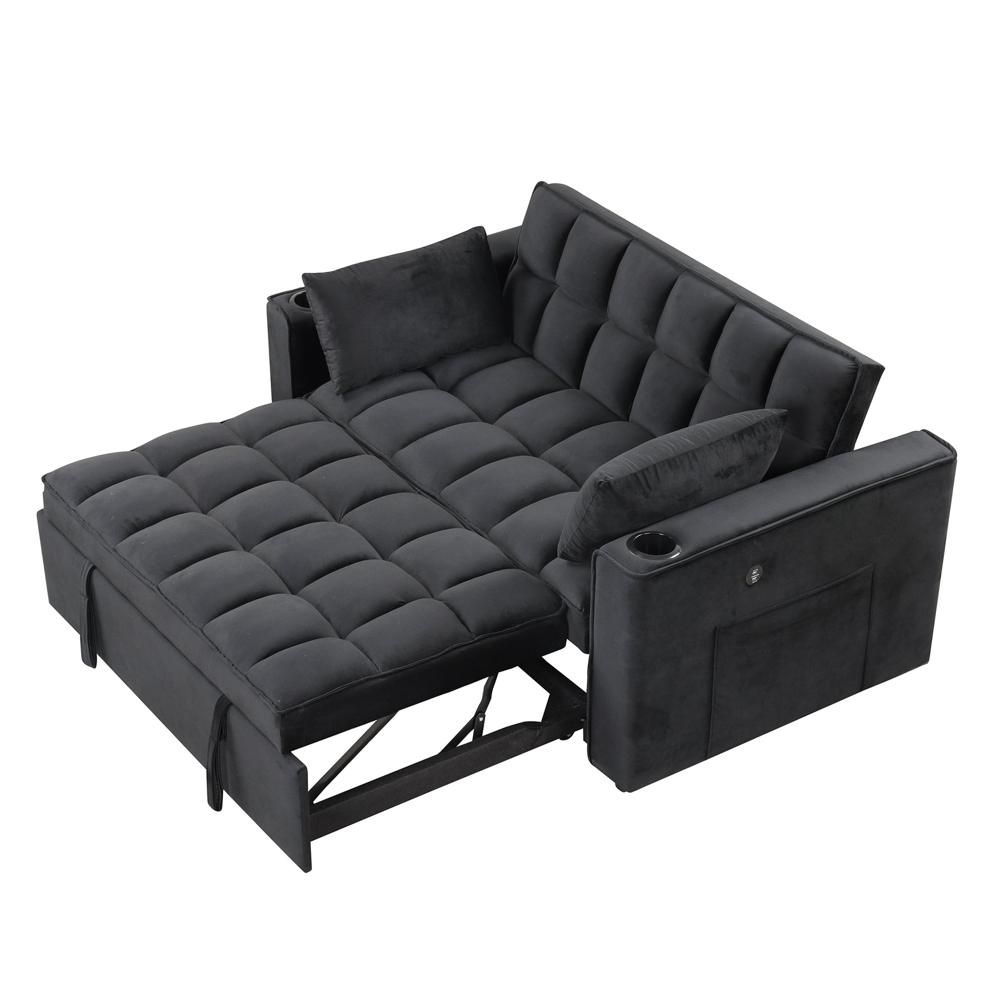 58" 4 1 Multi Functional Sofa Bed With Cup Holder And Usb Port For Living Room Or Apartments Black Black Foam 2 Seat